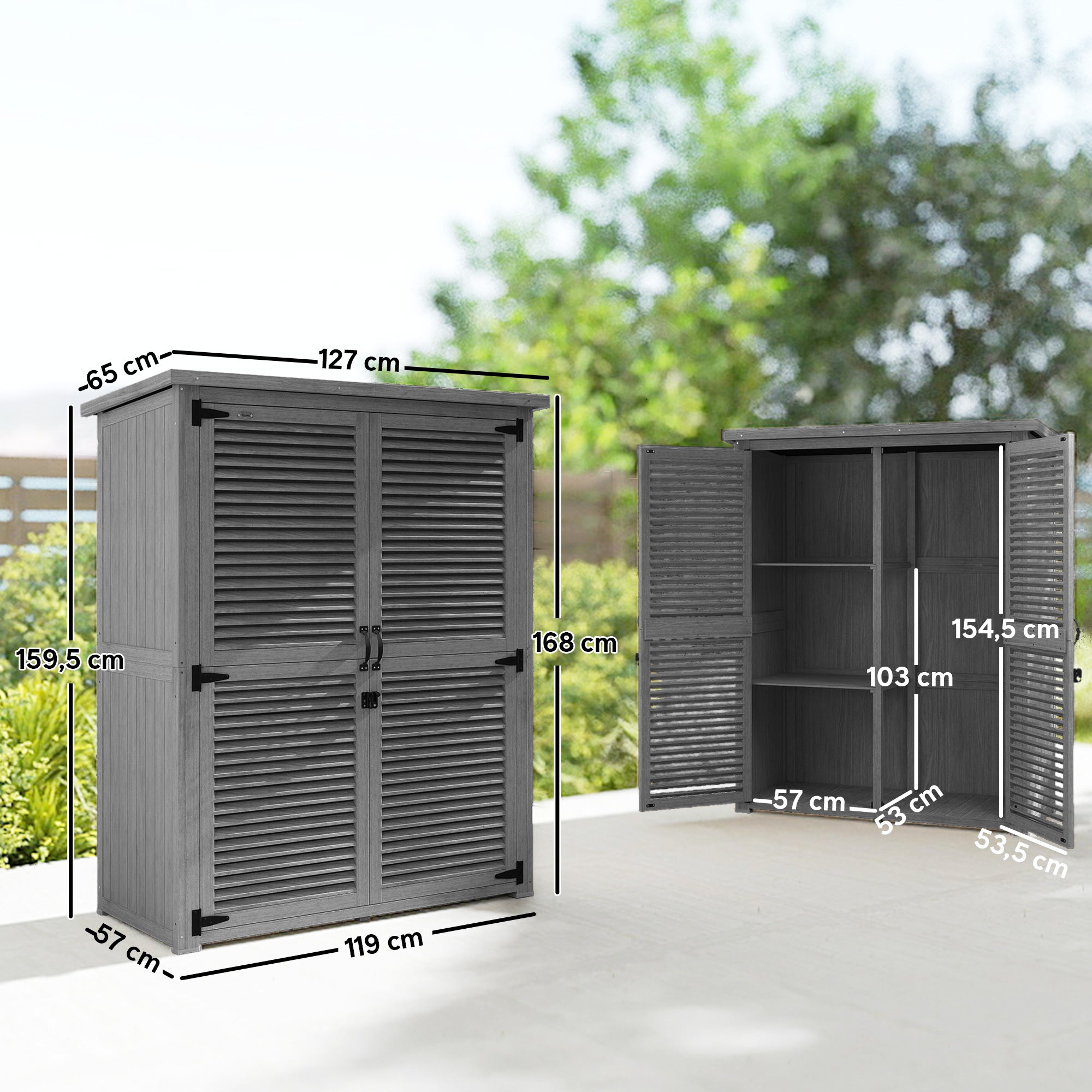 Outsunny Caseta de Jardín de Madera, 127x65x168 cm, Cobertizo Jardín Exterior, Armario para Almacenaje Herramientas, con 2 Puertas de Persiana 2 Estantes Techo Impermeable para Patio Terraza, Gris
