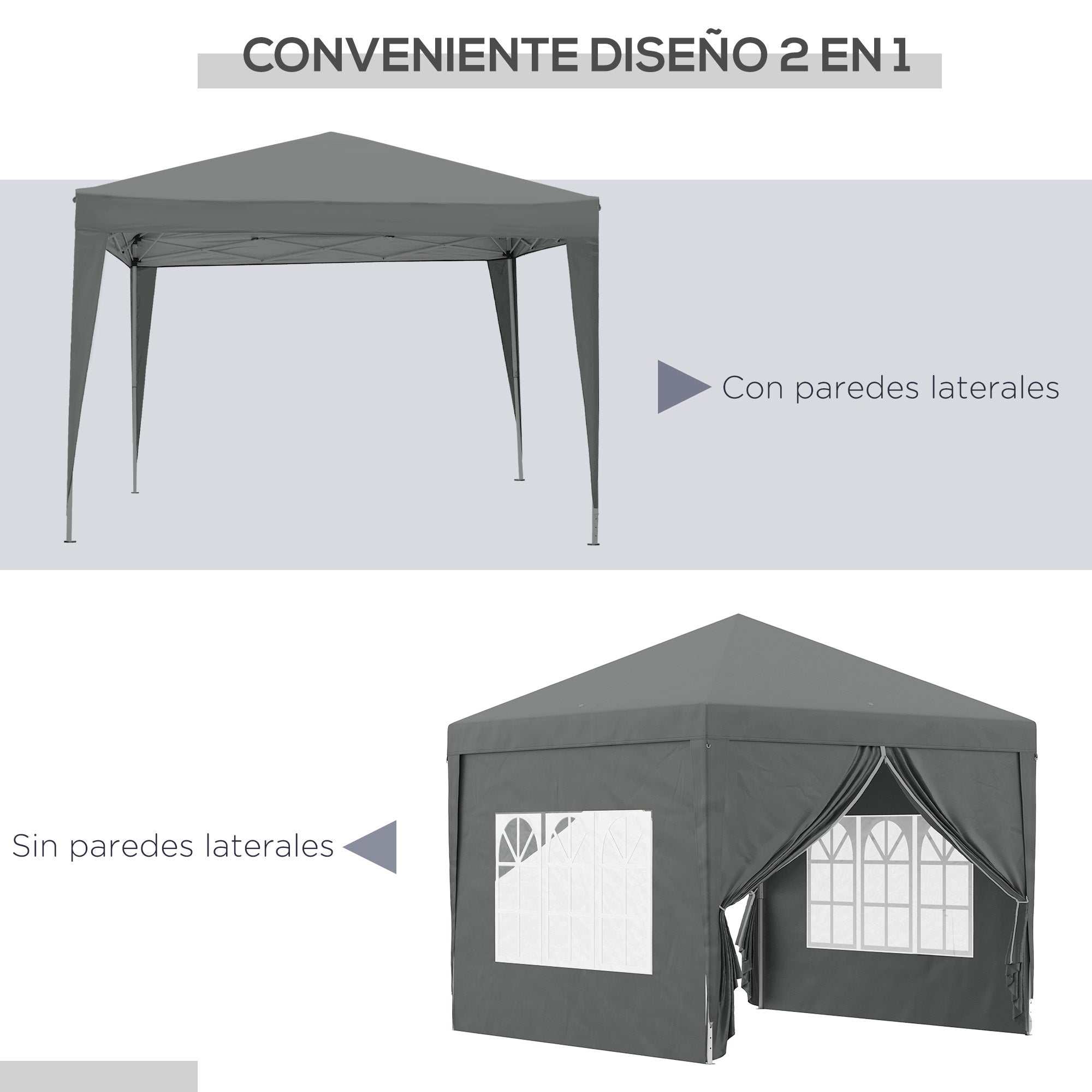 Outsunny Carpa Plegable Pop-up Gazebo 3x3 m Cenador Plegable con 4 Paredes Laterales Anti-UV y Bolsa de Transporte para Camping Fiestas Gris