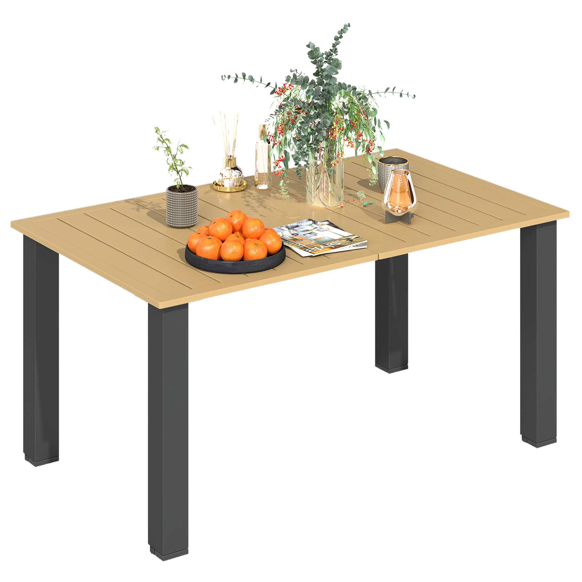 Outsunny Mesa de Jardín Rectangular Mesa de Terraza Exterior 150x90x73 cm con Patas de Acero Orificio para Sombrilla y Diseño de Listones Carga 70 kg para Terraza Patio Marrón