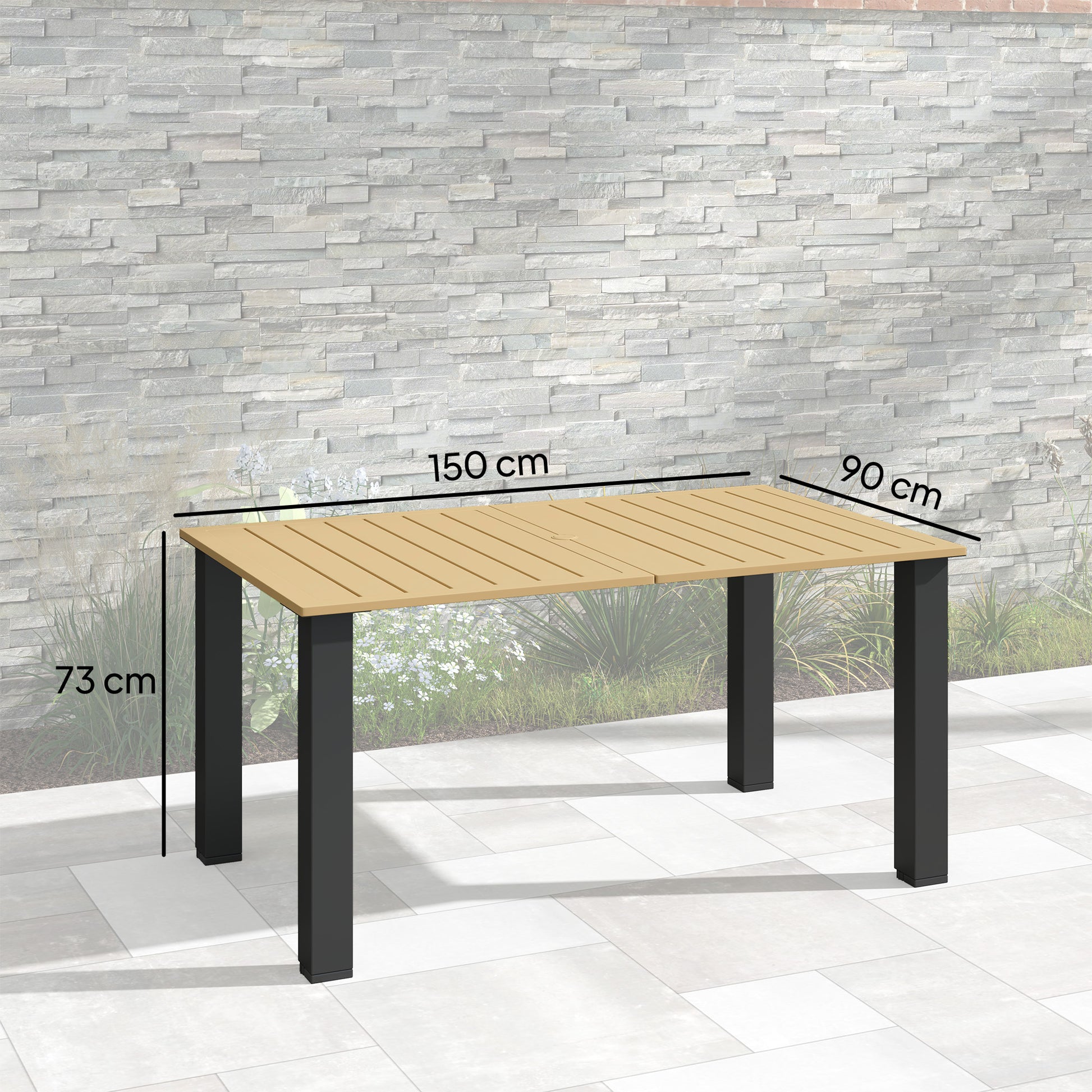Outsunny Mesa de Jardín Rectangular Mesa de Terraza Exterior 150x90x73 cm con Patas de Acero Orificio para Sombrilla y Diseño de Listones Carga 70 kg para Terraza Patio Marrón