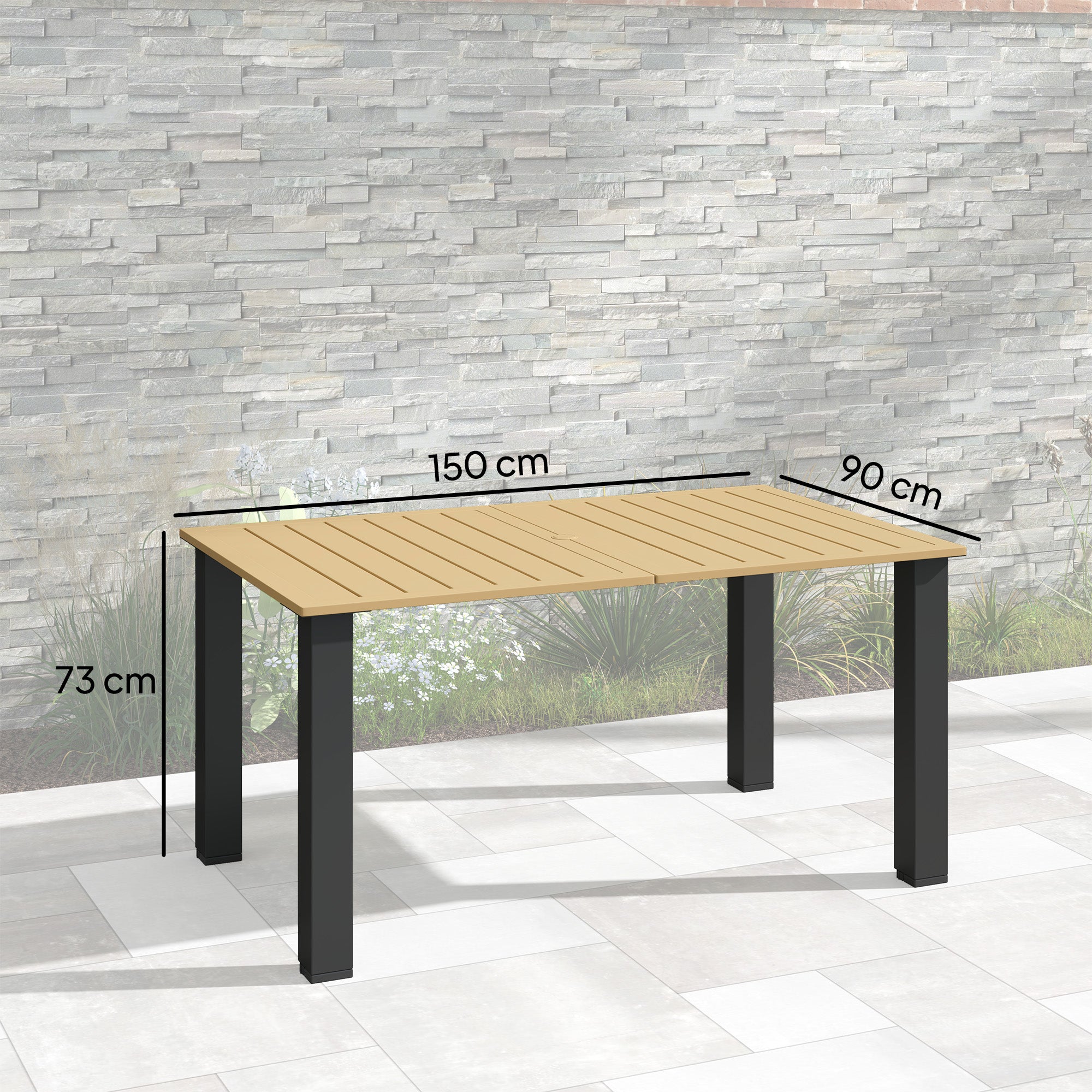 Outsunny Mesa de Jardín Rectangular Mesa de Terraza Exterior 150x90x73 cm con Patas de Acero Orificio para Sombrilla y Diseño de Listones Carga 70 kg para Terraza Patio Marrón