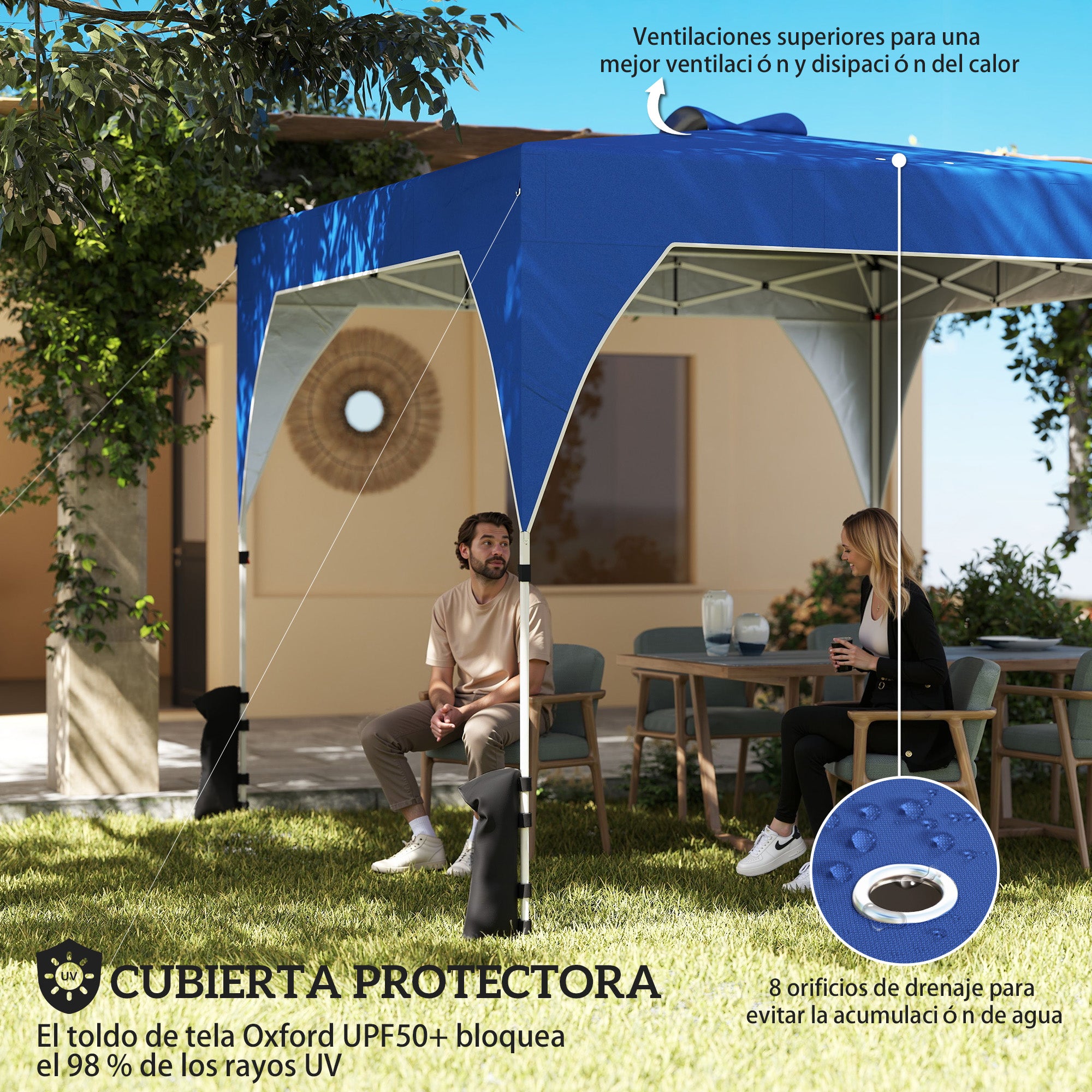 Outsunny Carpa Plegable 3x3 m, Pop-up, Cenador Pabellón de Jardín con Ventilación Superior, Bloqueo Central, UPF50+, Altura Ajustable 3 Niveles, Bolsa Transporte con Ruedas, Sacos de Arena, Azul