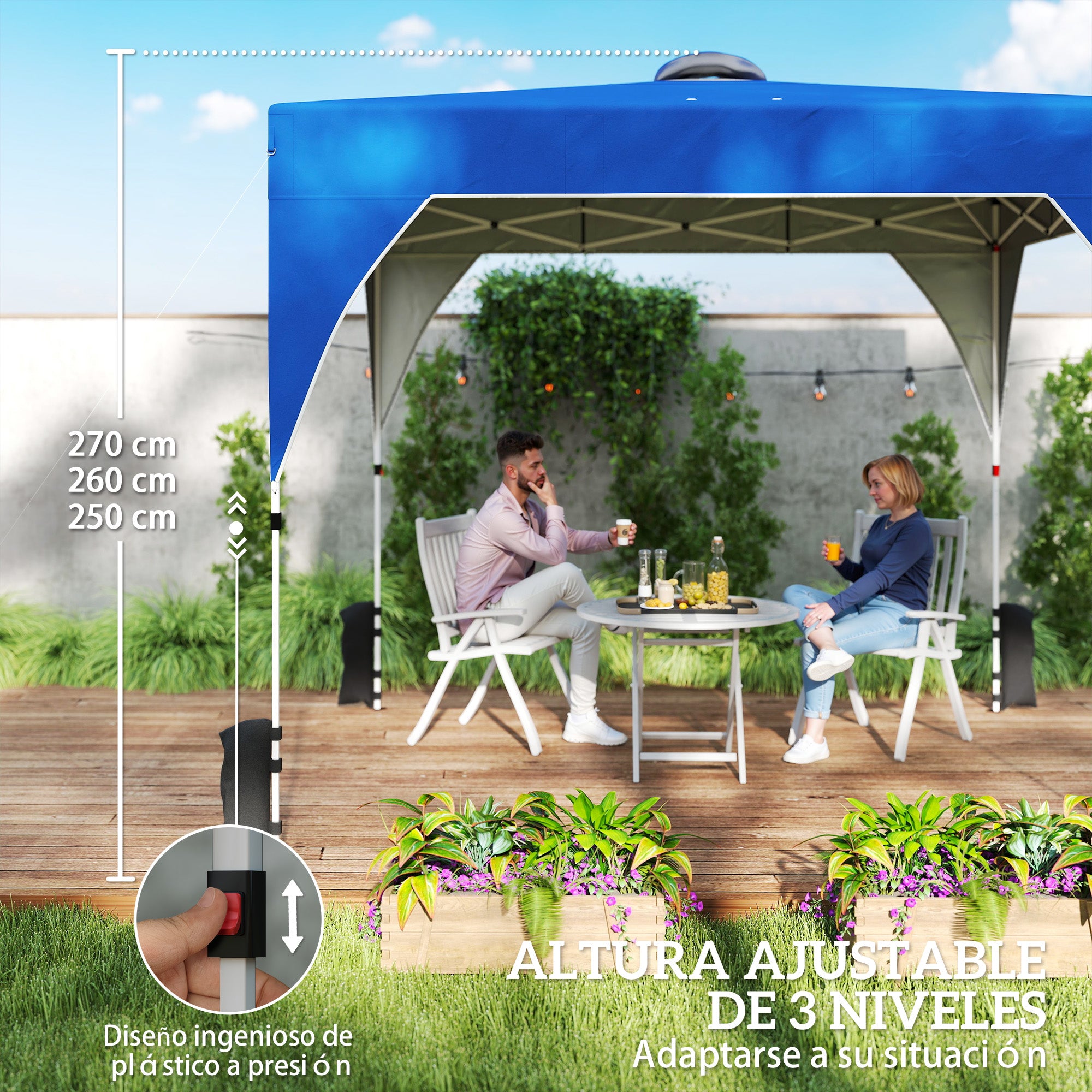 Outsunny Carpa Plegable 3x3 m, Pop-up, Cenador Pabellón de Jardín con Ventilación Superior, Bloqueo Central, UPF50+, Altura Ajustable 3 Niveles, Bolsa Transporte con Ruedas, Sacos de Arena, Azul