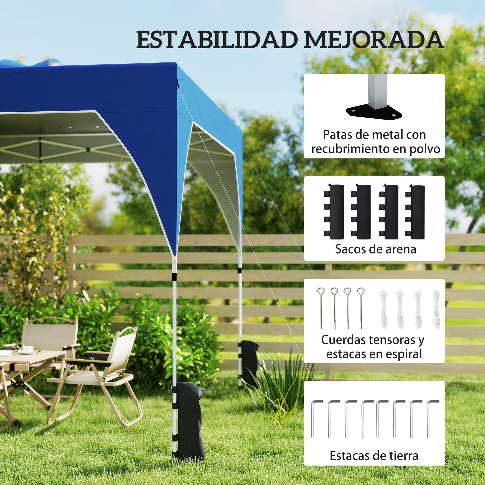 Outsunny Carpa Plegable 3x3 m, Pop-up, Cenador Pabellón de Jardín con Ventilación Superior, Bloqueo Central, UPF50+, Altura Ajustable 3 Niveles, Bolsa Transporte con Ruedas, Sacos de Arena, Azul