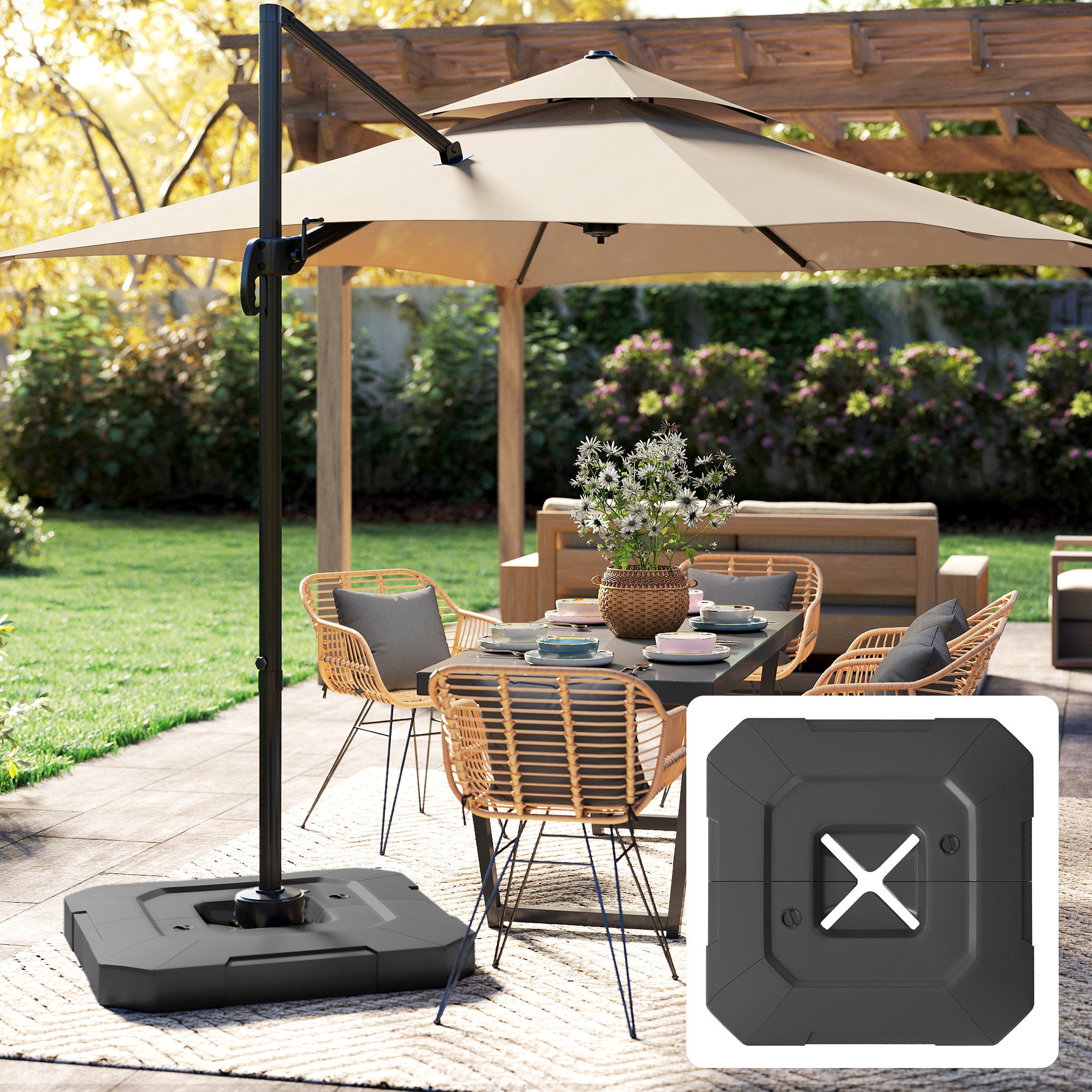 Outsunny Base para Sombrilla de 2 Piezas, Soporte para Parasol de HDPE Rellenable con Agua 80 kg o Mezcla de Agua y Arena 105 kg, para Jardín, Patio, Terraza, Negro