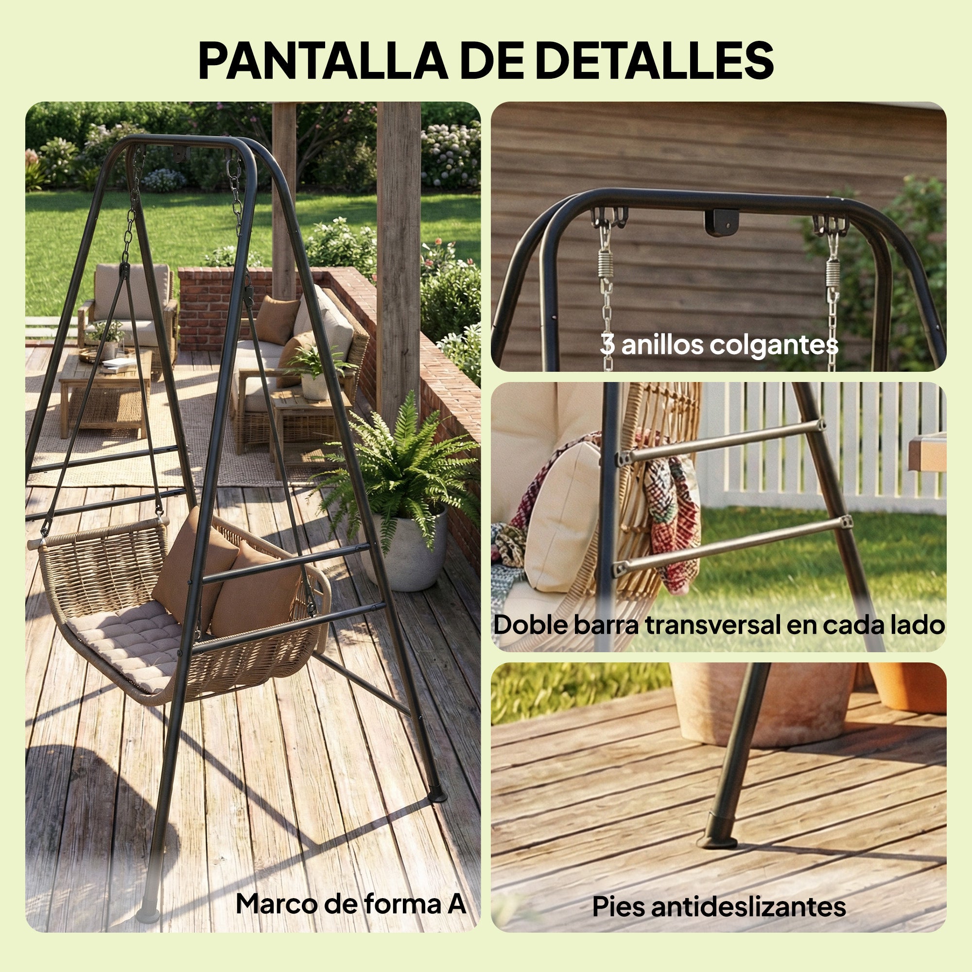 Outsunny Soporte para Silla Colgante y Hamaca, 183 cm, Soporte para Columpio con Estructura de Acero, Almohadillas Antideslizantes y 2 Mosquetones, para Interior y Exterior, Carga 150 kg, Negro