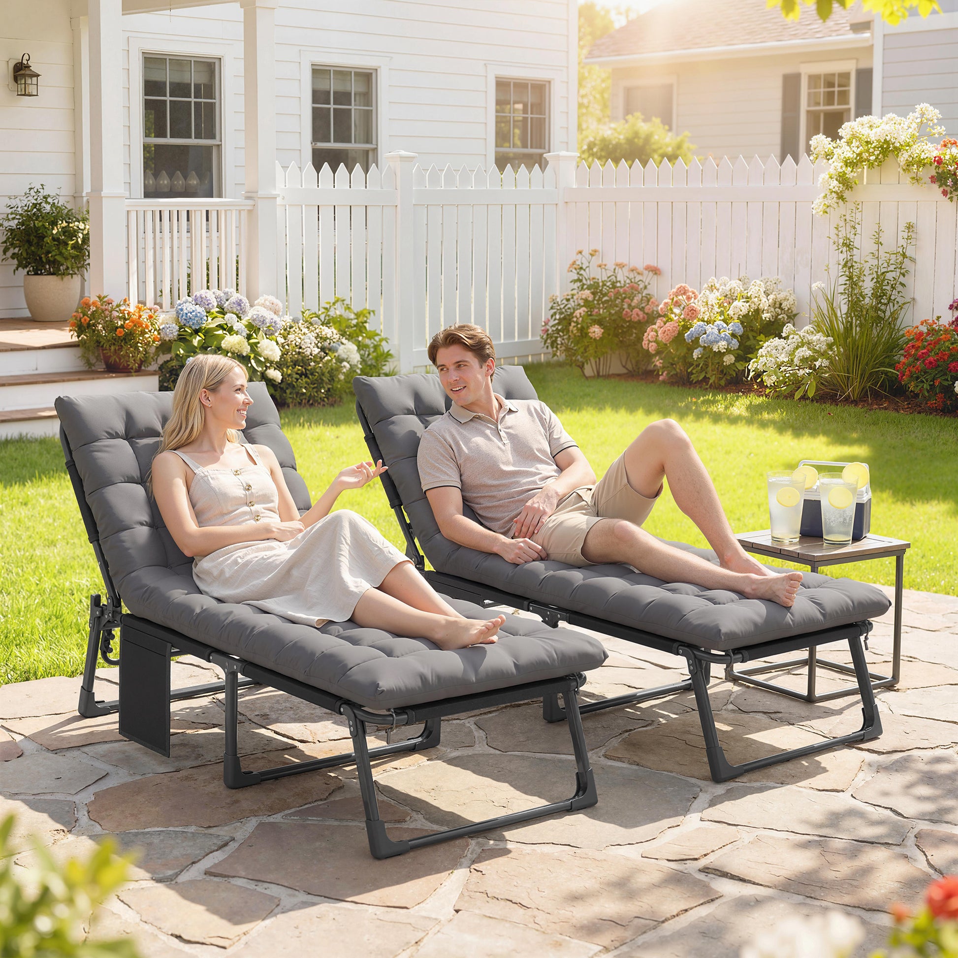 Outsunny Set de 2 Tumbonas Jardín Exterior, Tumbonas Plegables con Cojines, Respaldo Reclinable 5 Posiciones, Asiento Extra Ancho de Textilene, Bolsillo Lateral y Reposacabezas para Playa, Gris Oscuro