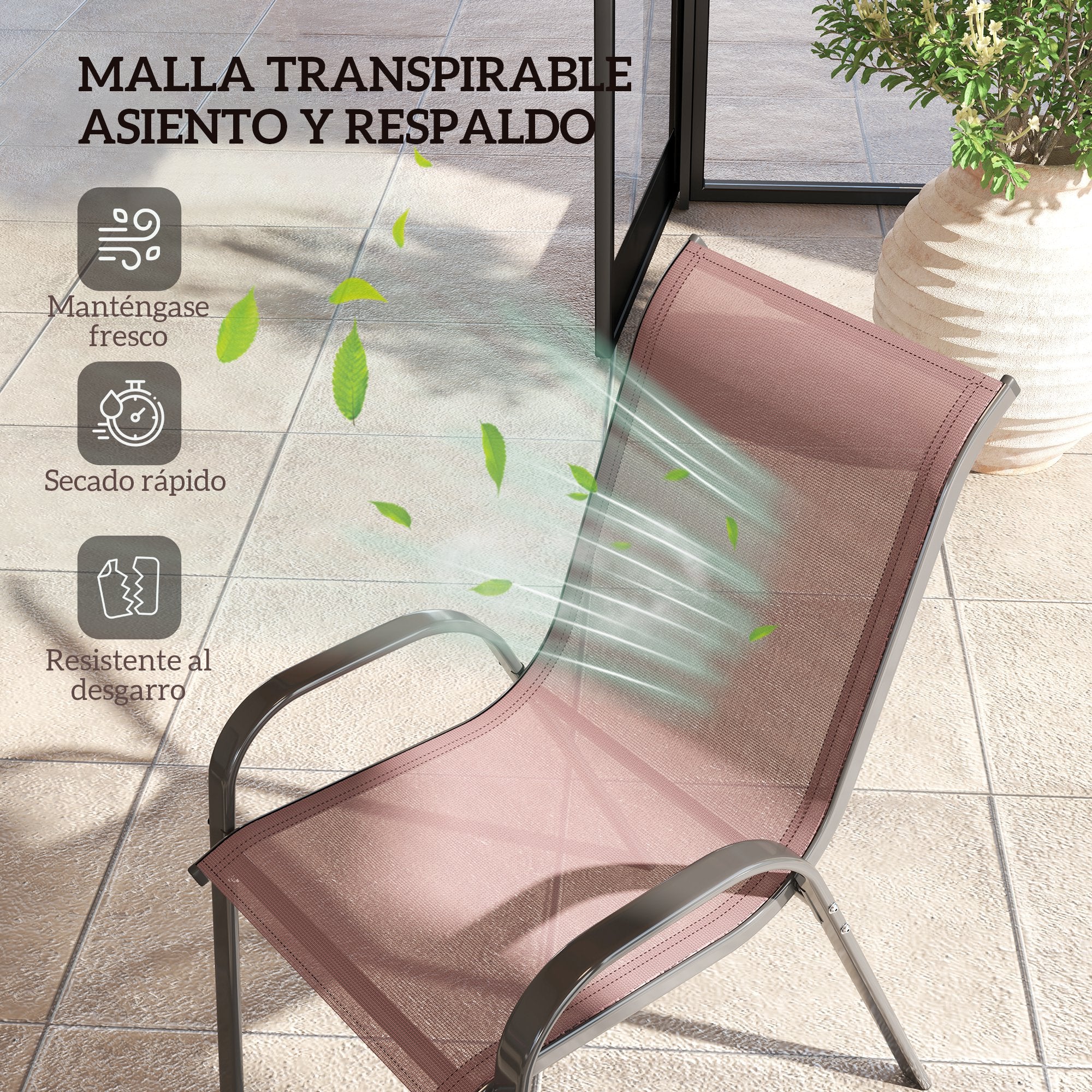 Outsunny Juego de 4 Sillas de Jardín Exterior, Sillas Terraza Exterior Apilables, Sillas de Jardín con Tela Transpirable, Marco de Acero, Reposabrazos y Respaldo, 54x71x93 cm, Marrón Oscuro y Negro
