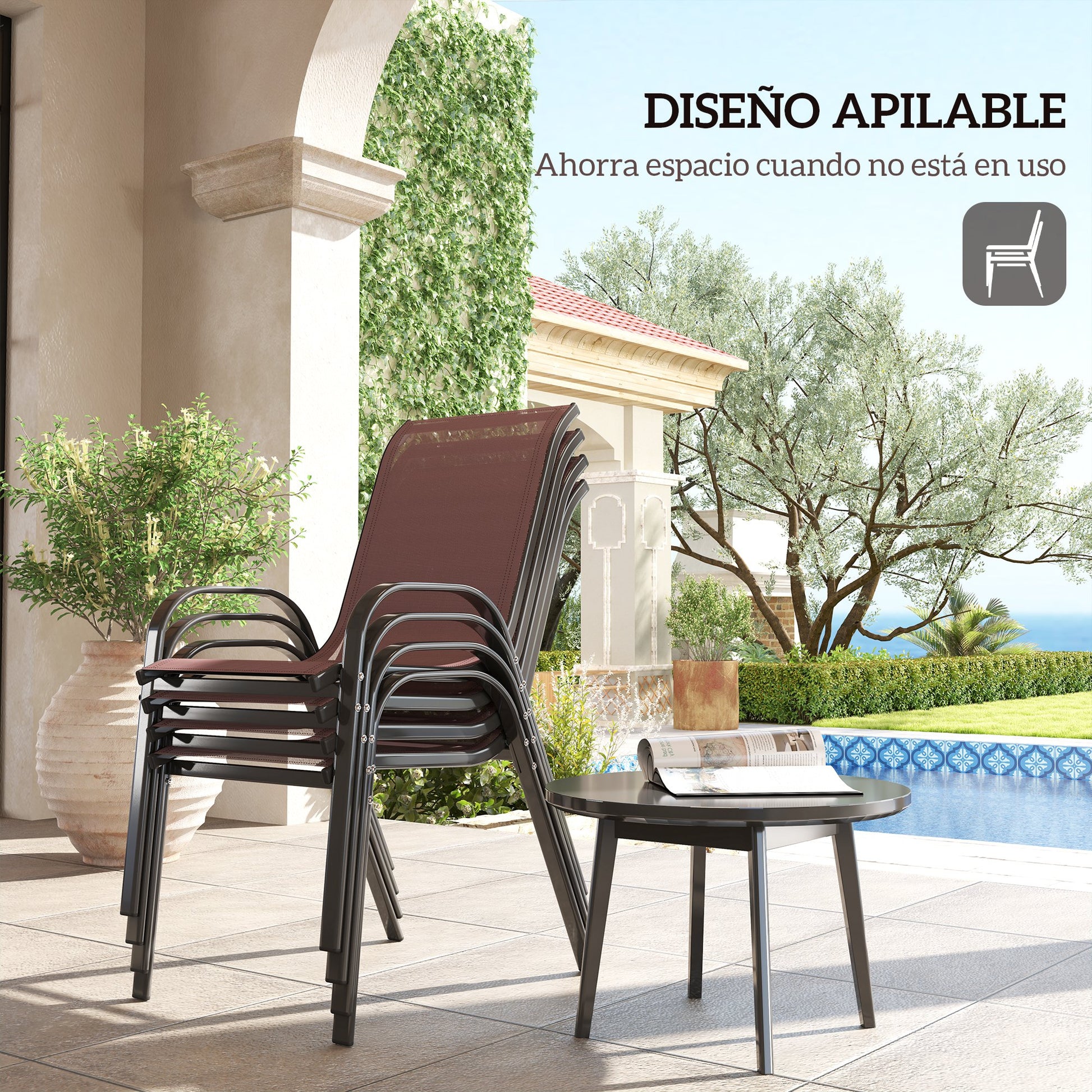 Outsunny Juego de 4 Sillas de Jardín Exterior, Sillas Terraza Exterior Apilables, Sillas de Jardín con Tela Transpirable, Marco de Acero, Reposabrazos y Respaldo, 54x71x93 cm, Marrón Oscuro y Negro