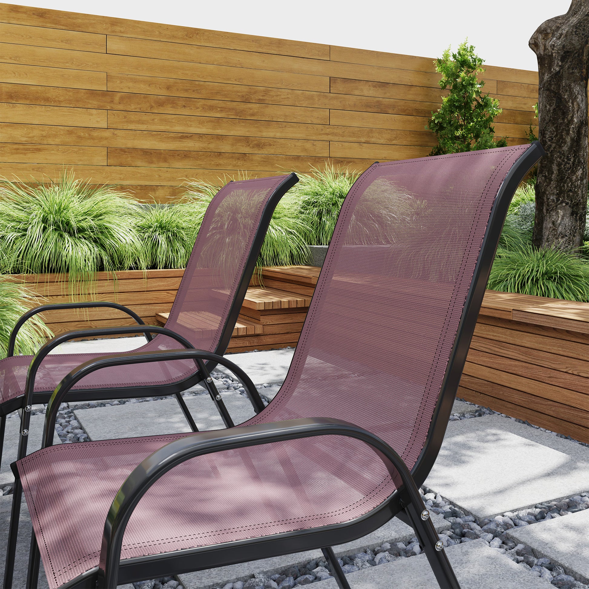 Outsunny Juego de 4 Sillas de Jardín Exterior, Sillas Terraza Exterior Apilables, Sillas de Jardín con Tela Transpirable, Marco de Acero, Reposabrazos y Respaldo, 54x71x93 cm, Marrón Oscuro y Negro