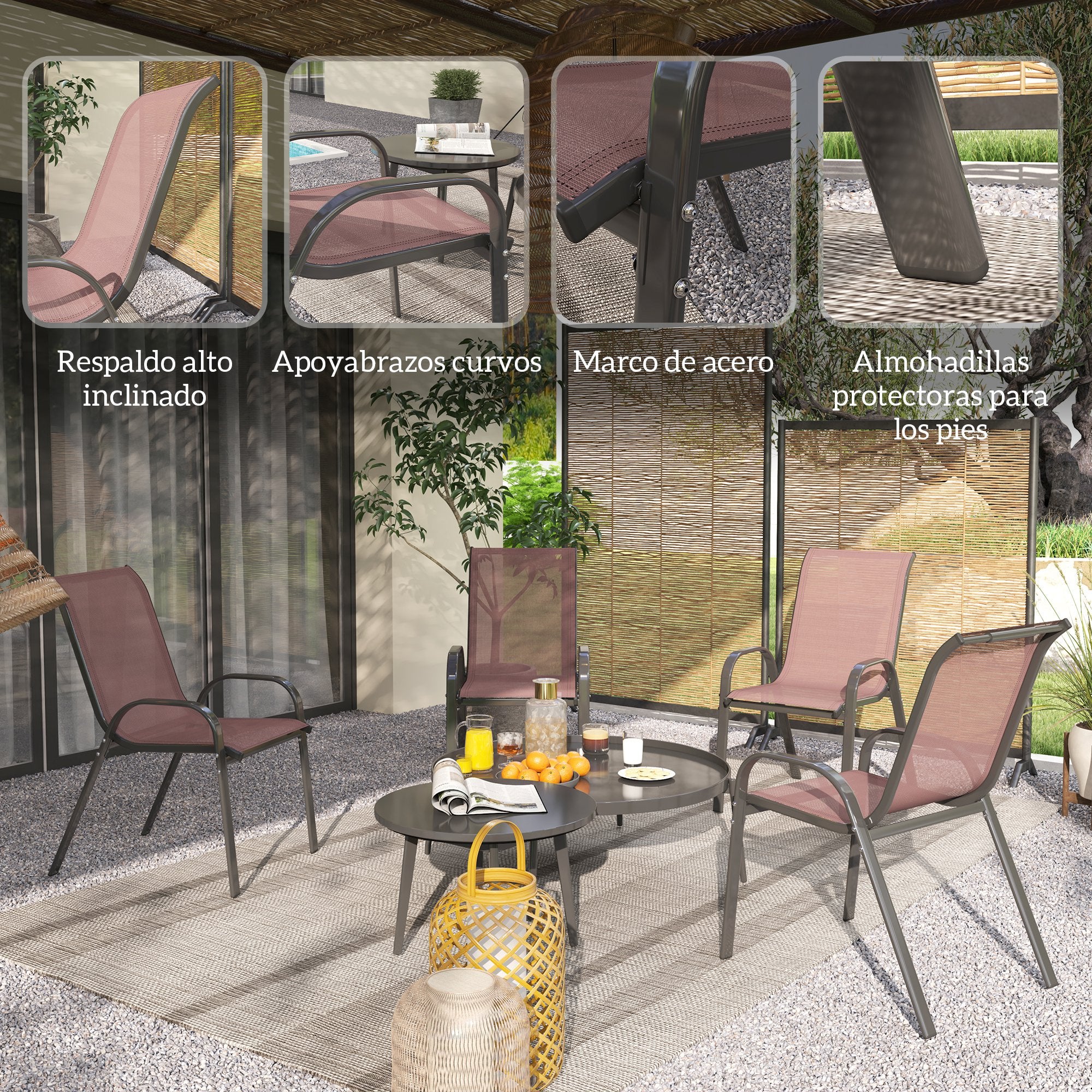 Outsunny Juego de 4 Sillas de Jardín Exterior, Sillas Terraza Exterior Apilables, Sillas de Jardín con Tela Transpirable, Marco de Acero, Reposabrazos y Respaldo, 54x71x93 cm, Marrón Oscuro y Negro