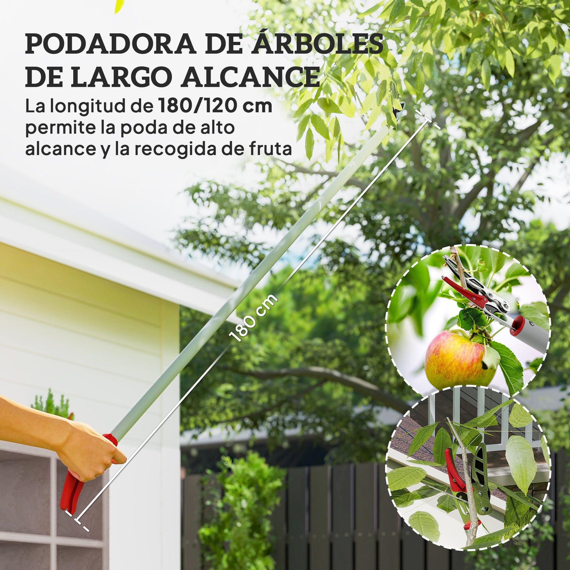 Outsunny Tijeras de Podar de Jardín 180 cm, Podadora de Árboles de Largo Alcance, con Mango de Aluminio Ligero y Resistente, Cuchilla Metálica, para Poda de Ramas Altas y Recoger Frutas