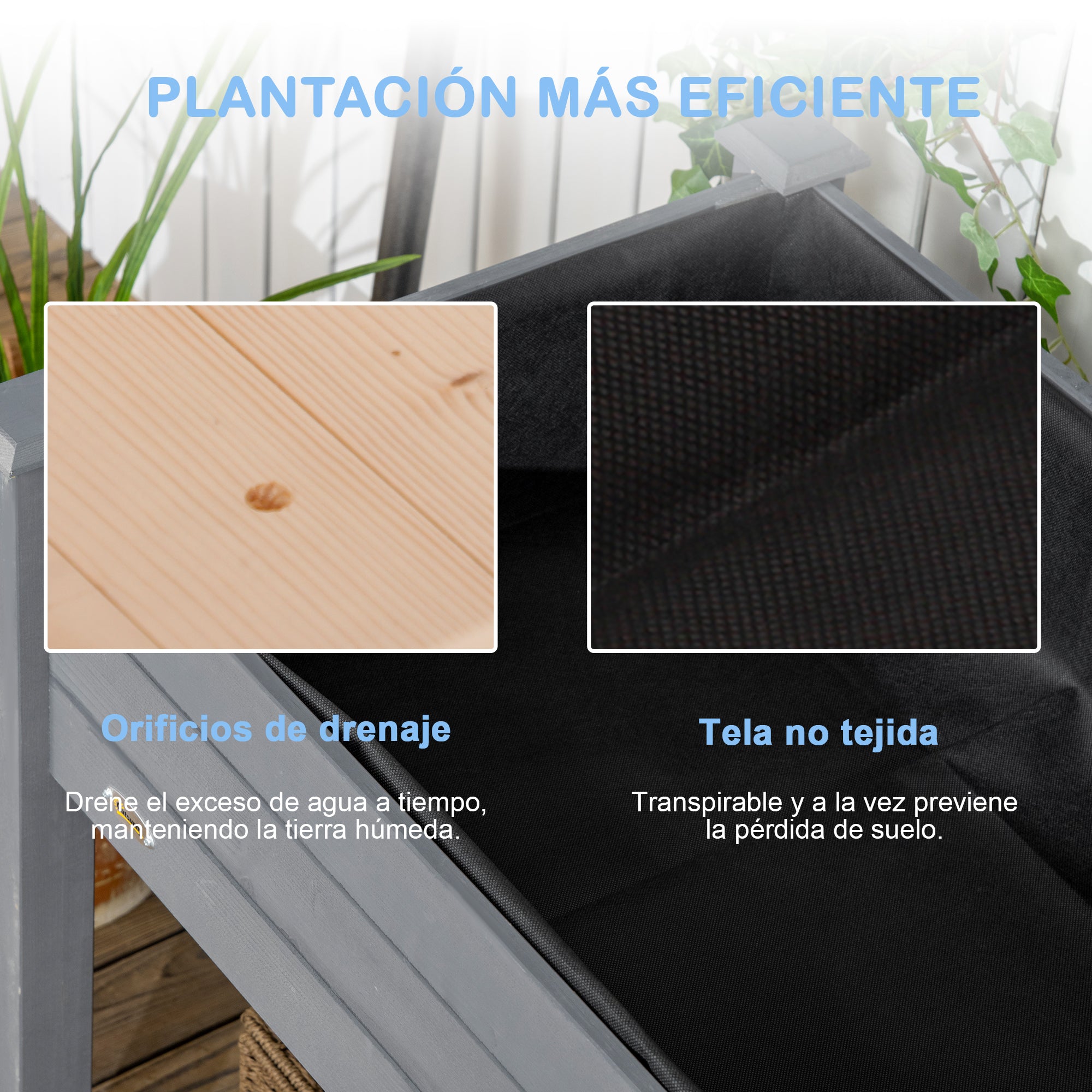 Outsunny Huerto Urbano Elevado de Madera, Mesa de Cultivo con Tela no Tejida y 4 Orificios de Drenaje, para Cultivo, Plantas, Flores y Verduras, 122,5x56,5x76 cm, Gris Oscuro