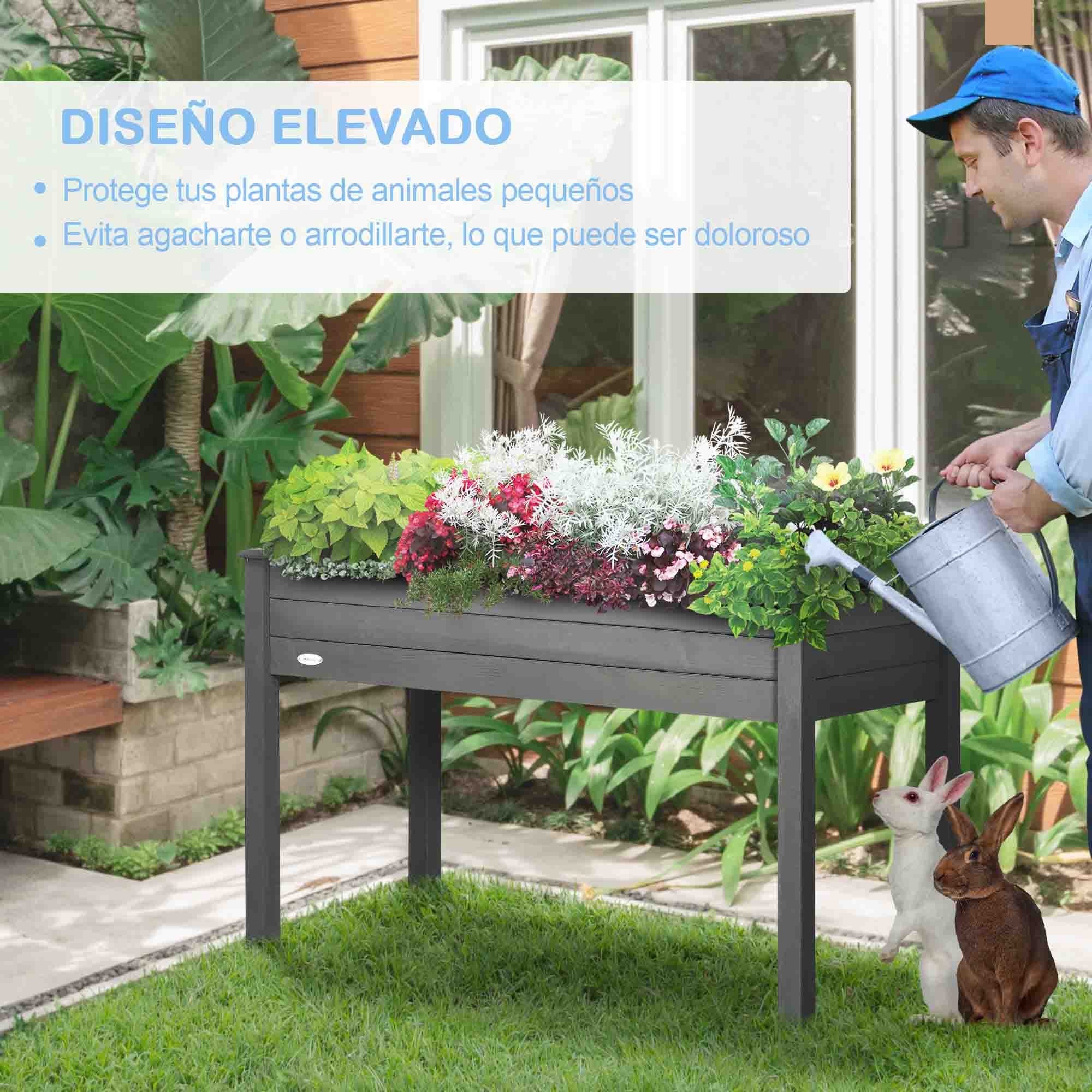 Outsunny Huerto Urbano Elevado de Madera, Mesa de Cultivo con Tela no Tejida y 4 Orificios de Drenaje, para Cultivo, Plantas, Flores y Verduras, 122,5x56,5x76 cm, Gris Oscuro