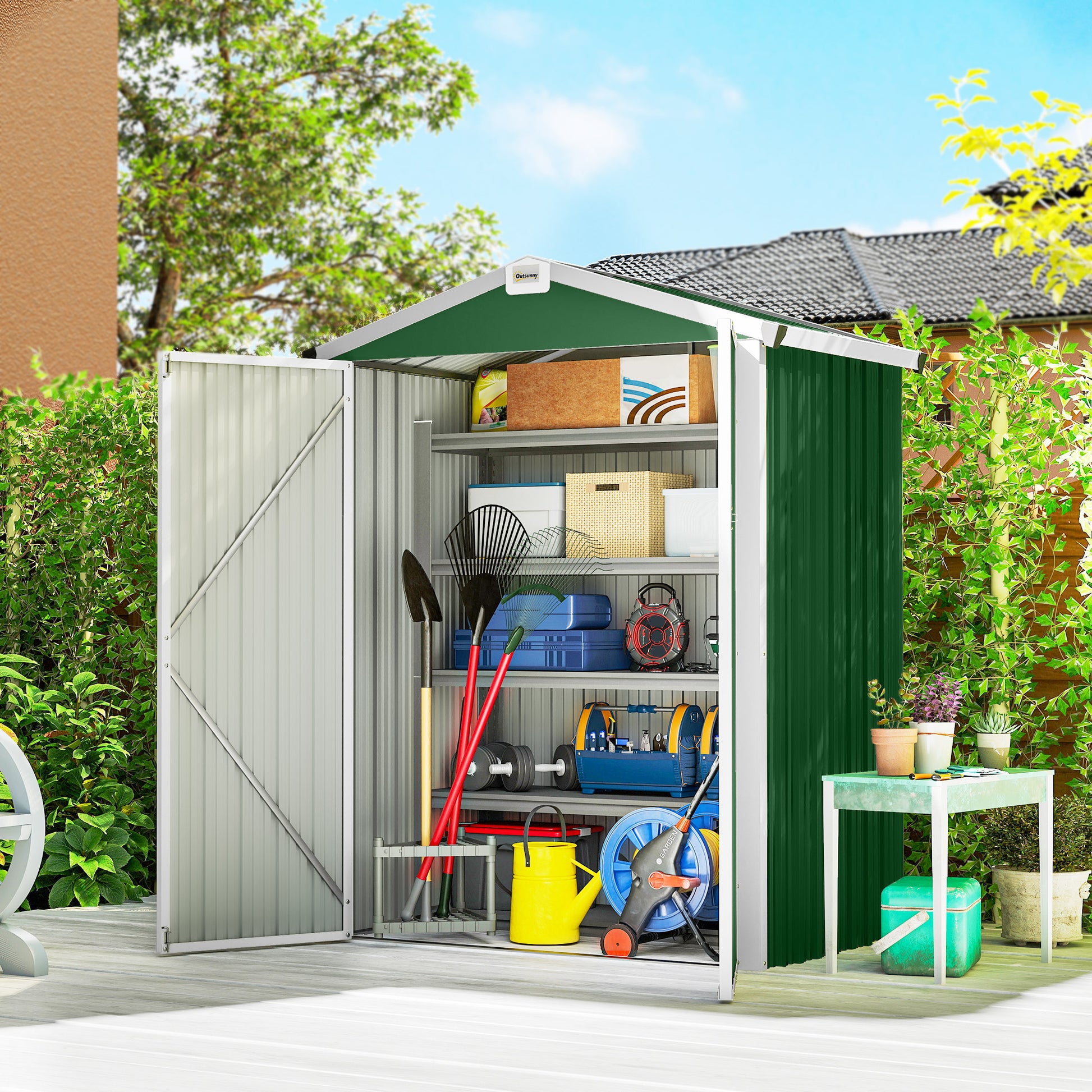 Outsunny Caseta de Jardín Exterior 1,1 m², 133x87x178 cm, Cobertizo de Jardín Exterior Metálico con Puertas Correderas, Techo Inclinado y Guantes, para Almacenaje de Herramientas Bicicletas, Verde