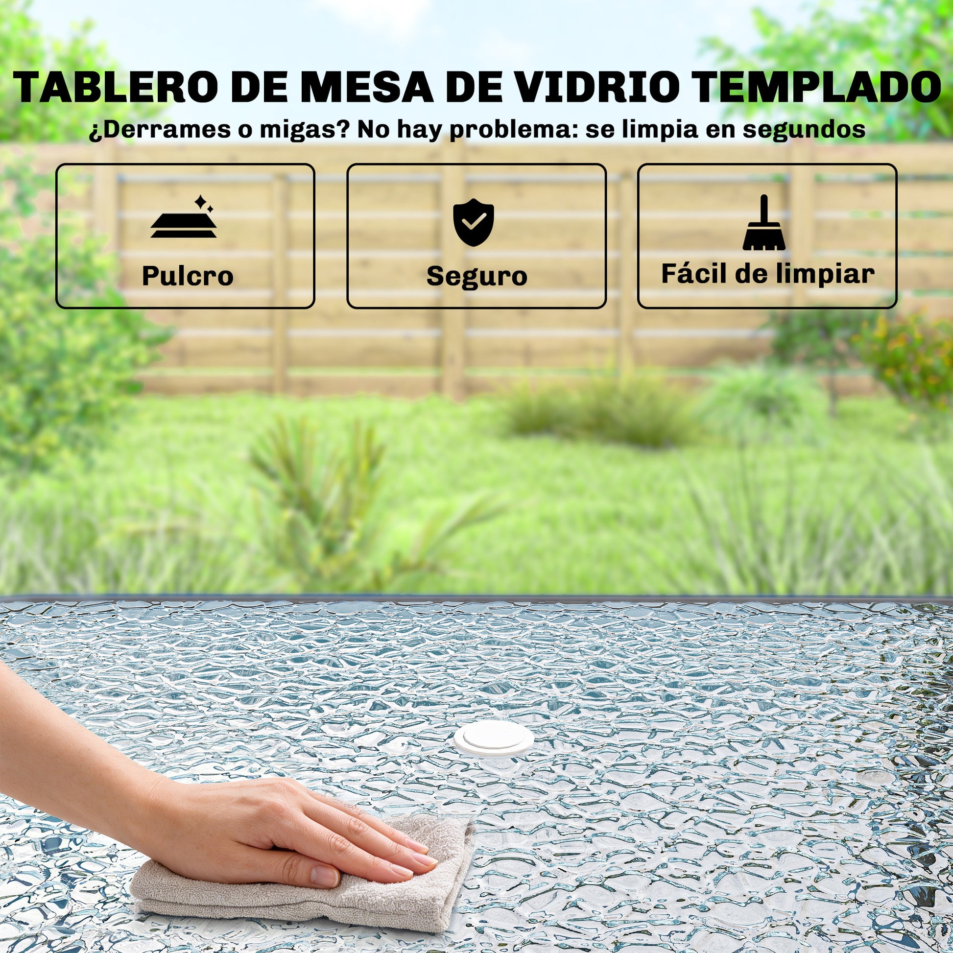 Outsunny Conjunto de Mesa y Sillas Jardín de 8 Piezas, Muebles de Jardín Exterior con Sombrilla, 6 Sillas Plegables, Mesa de Vidrio Templado, para Terraza, Patio, Crema
