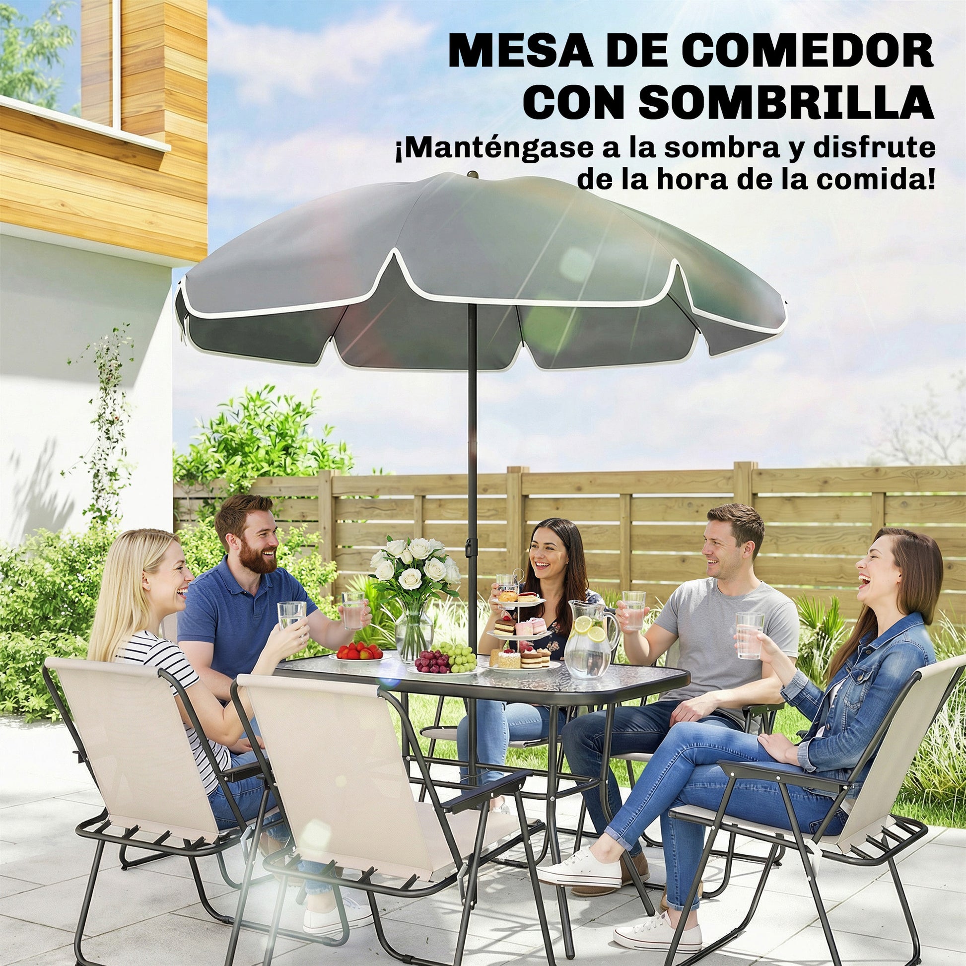 Outsunny Conjunto de Mesa y Sillas Jardín de 8 Piezas, Muebles de Jardín Exterior con Sombrilla, 6 Sillas Plegables, Mesa de Vidrio Templado, para Terraza, Patio, Crema