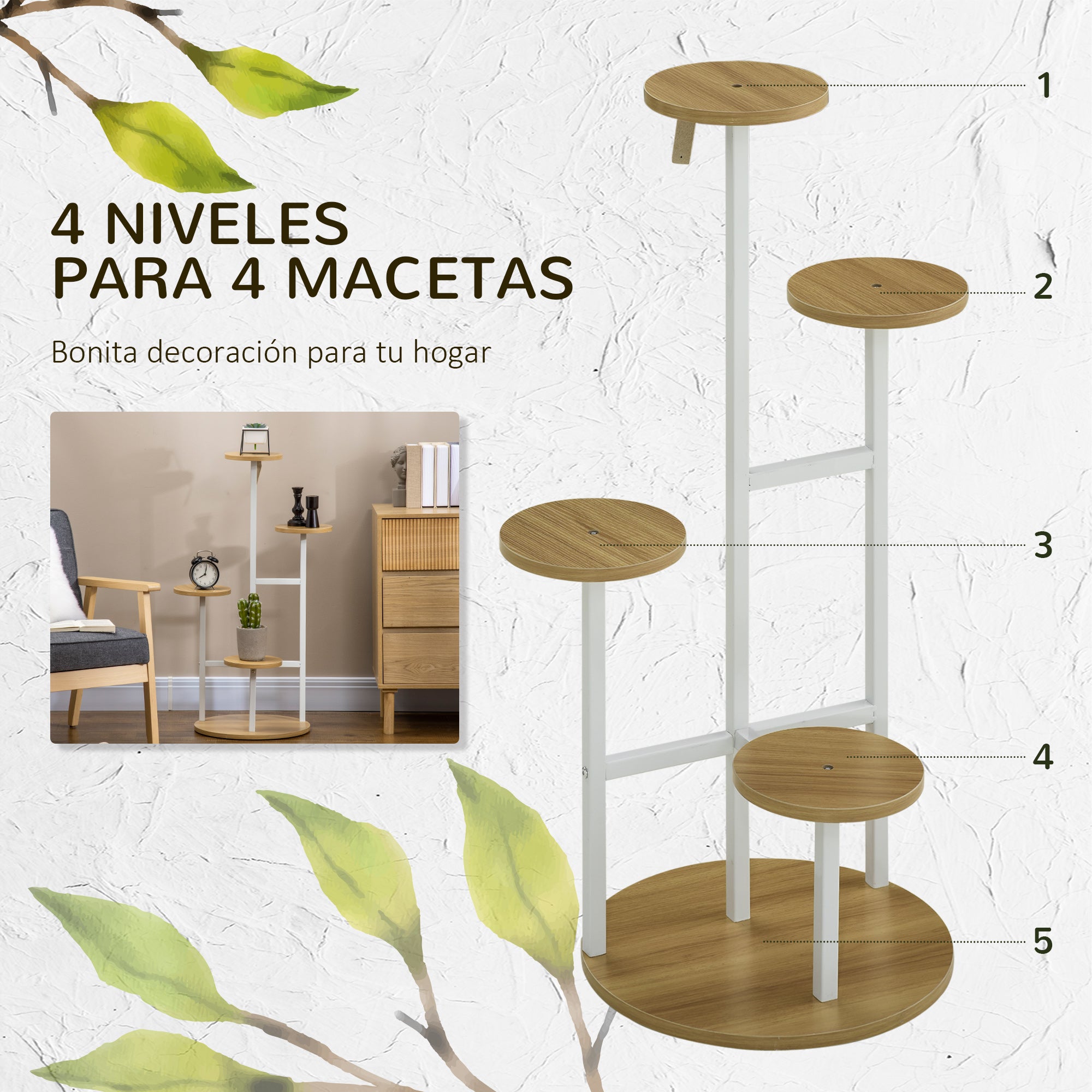 Outsunny Soporte para Plantas de 4 Niveles Estantería para Macetas Soporte para Macetas con Marco de Acero para Interior Salón Dormitorio Terraza Jardín Balcón 40x40x95,5 cm Natural