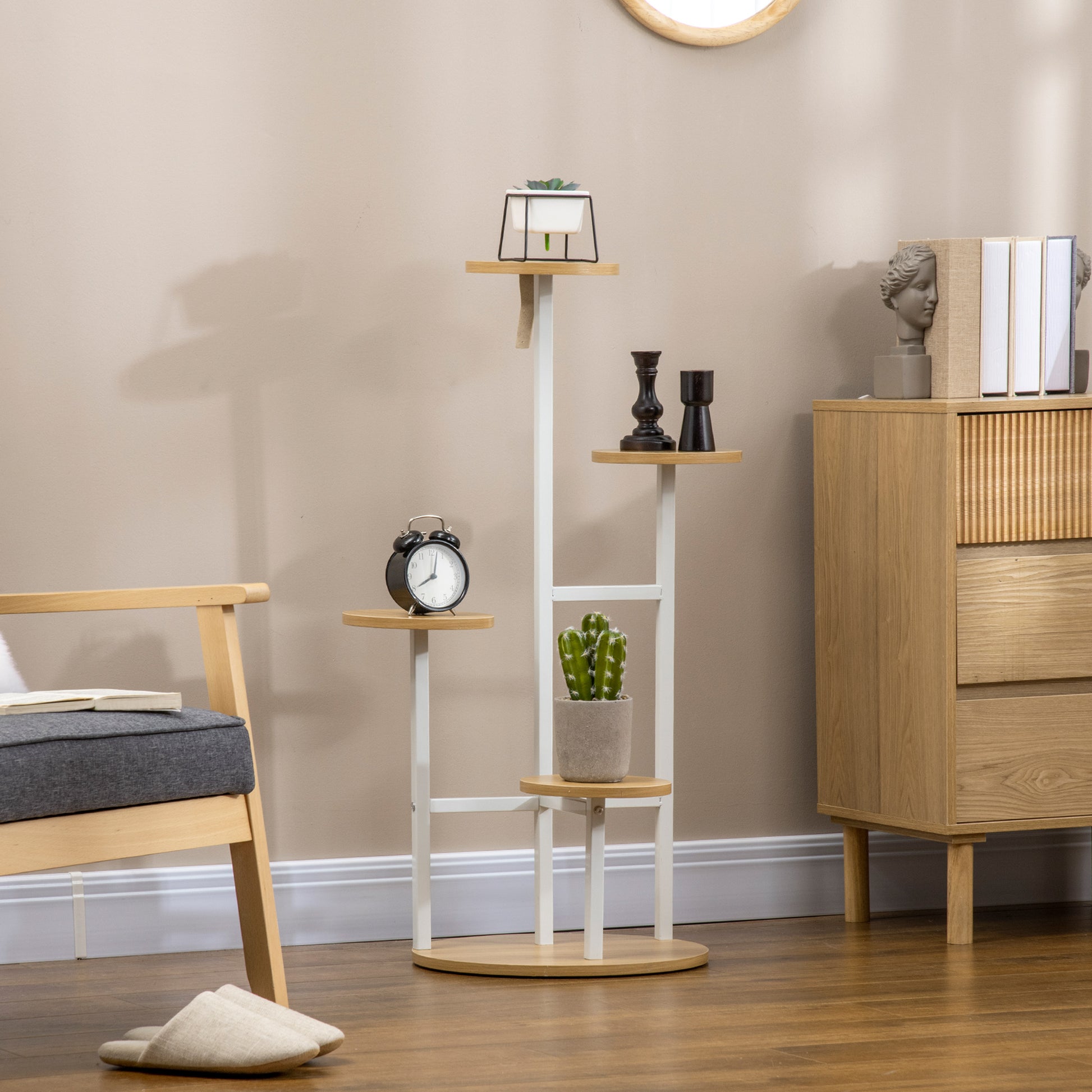 Outsunny Soporte para Plantas de 4 Niveles Estantería para Macetas Soporte para Macetas con Marco de Acero para Interior Salón Dormitorio Terraza Jardín Balcón 40x40x95,5 cm Natural