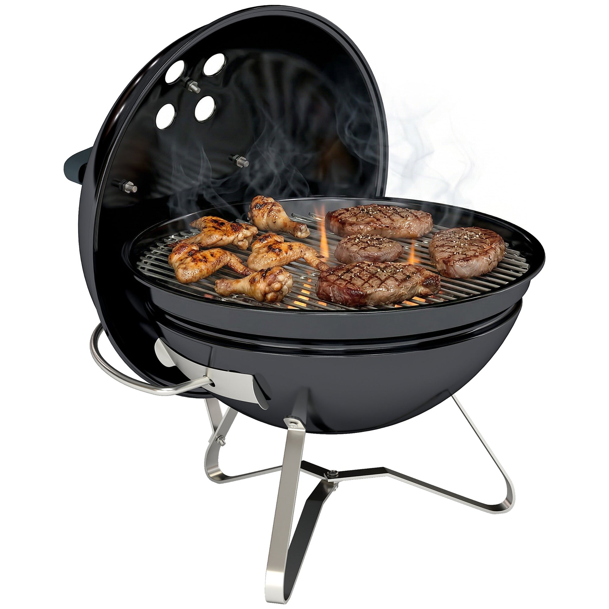 Outsunny Barbacoa de Carbón Portátil, Barbacoa de Carbón Redonda, Tapa con Soporte, Rejilla, Ventilación Ajustable, para Balcón, Picnic, Camping, Ø41x44 cm, Negro