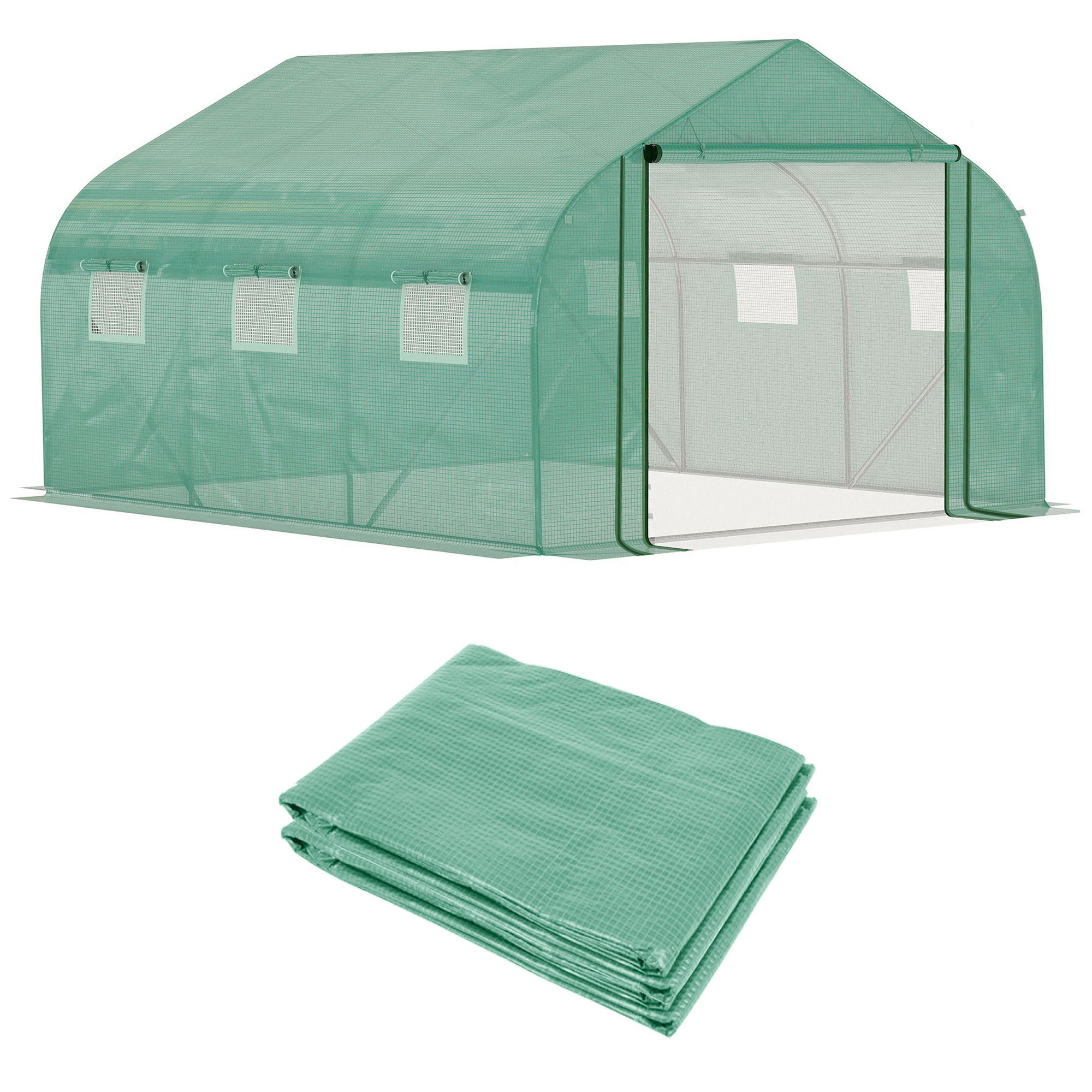 Outsunny Conjunto de Invernadero de Túnel y Cubierta de Repuesto con Puerta y 6 Ventanas Enrollables Anti-UV para Cultivos Plantas Flores 350x300x200 cm Verde