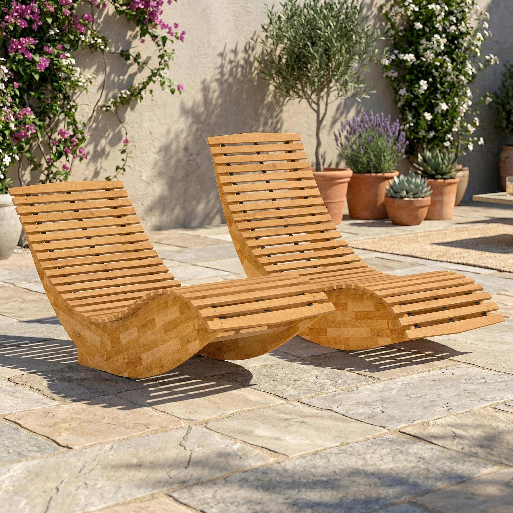 Outsunny Pack de 2 Sillas Mecedoras de Jardín de Madera, Mecedoras para Exterior Ergonómica Plegables con Diseño Listonado, para Balcón, Terraza, Patio, Carga 120 kg, 60x156x77 cm, Natural