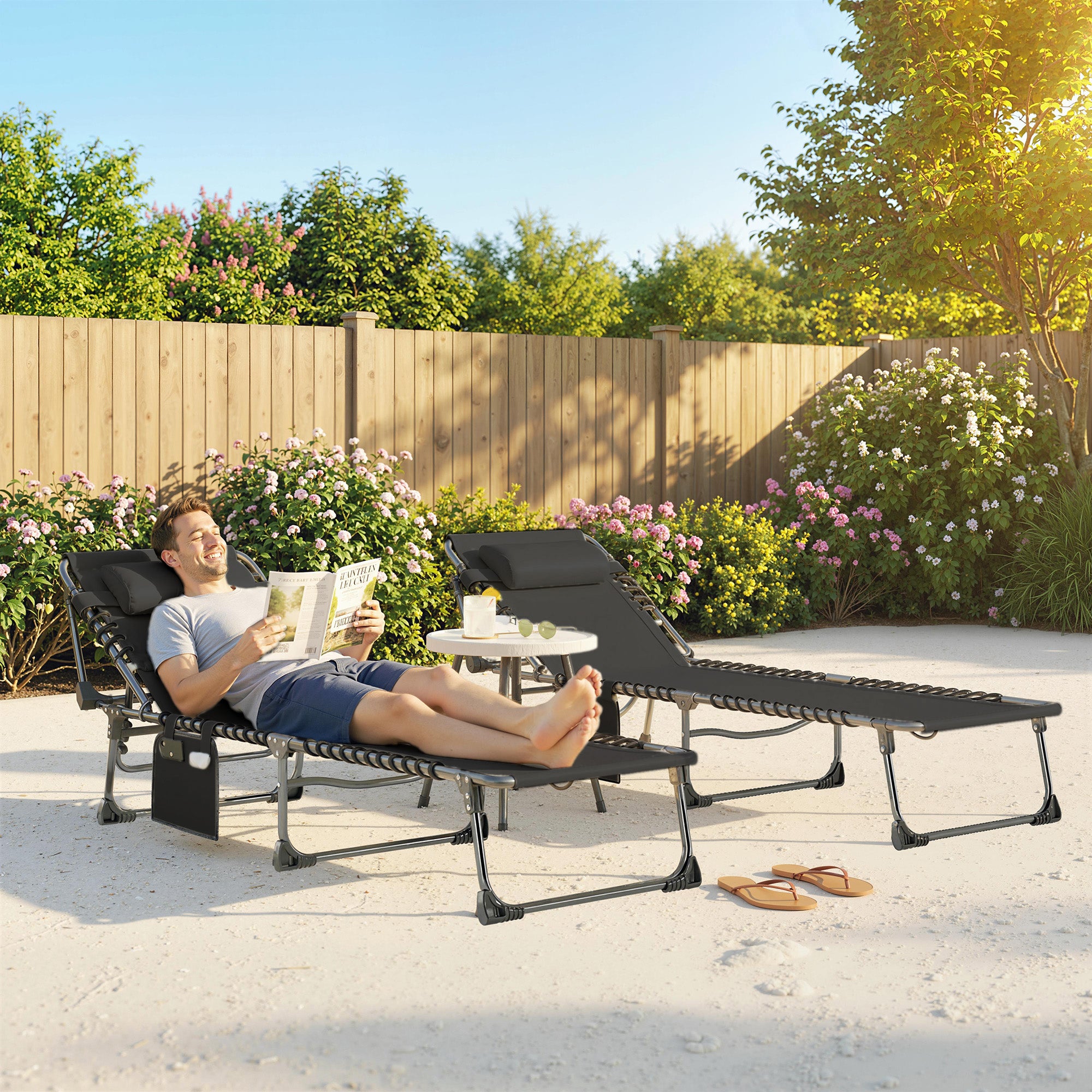 Outsunny Set de 2 Tumbonas Jardín Exterior, Tumbonas Plegables con Reposacabezas y Bolsillo Lateral, Respaldo Reclinable 5 Posiciones y Asiento de Malla Transpirable para Playa, Piscina, Negro
