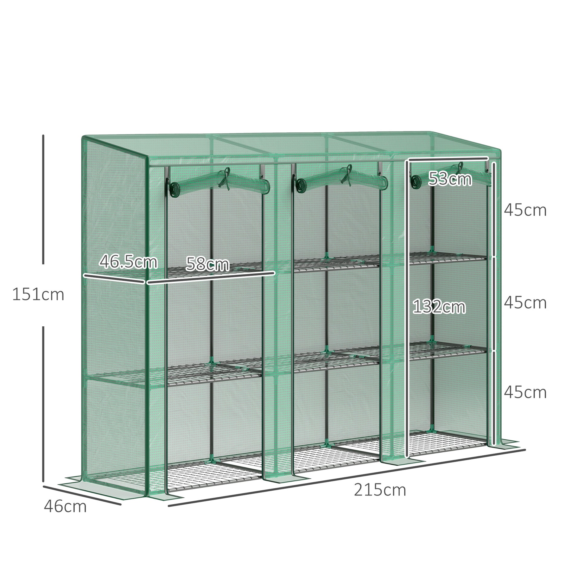 Outsunny Invernadero de Exterior de 3 Niveles Invernadero de Jardín con 9 Estantes Puerta Enrollable con Cremallera Marco de Acero Cubierta de PE 140g/m² Anti-UV para Terraza 215x46x151cm Verde