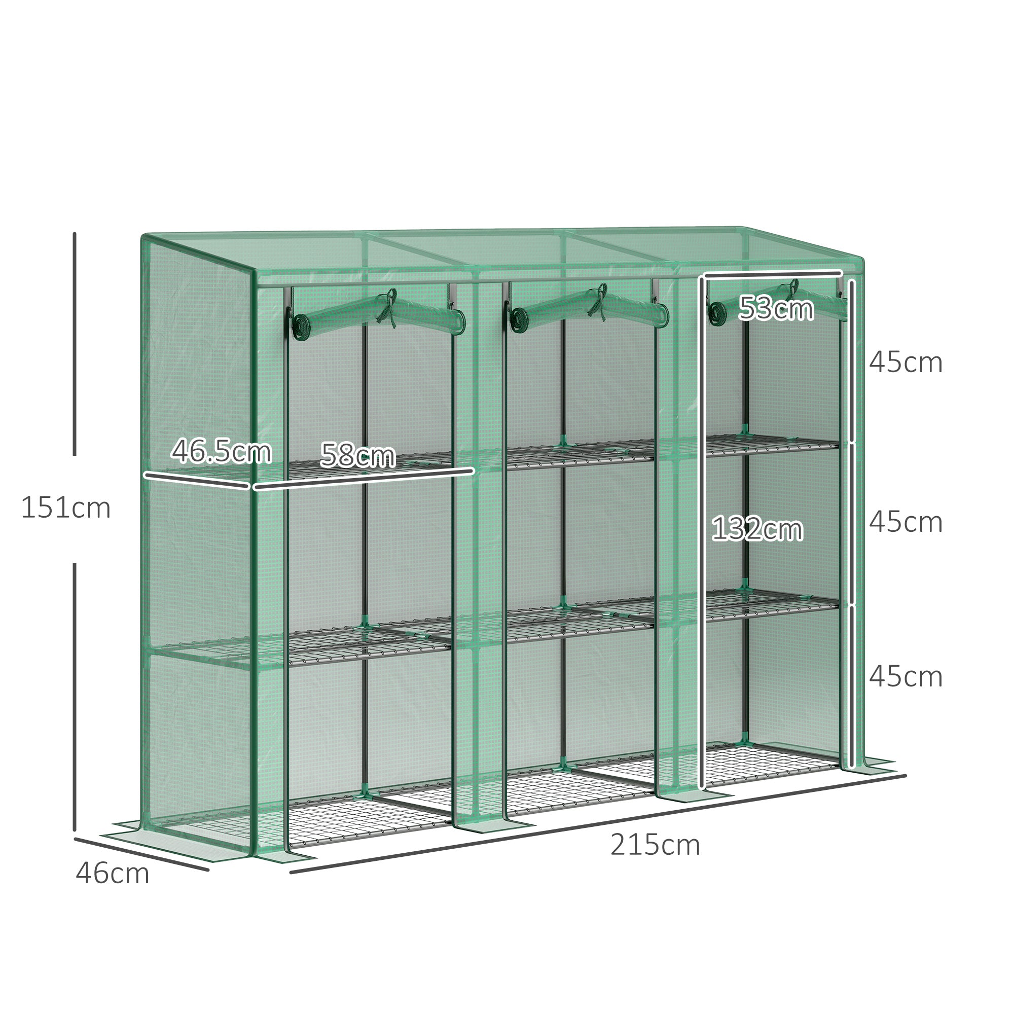 Outsunny Invernadero de Exterior de 3 Niveles Invernadero de Jardín con 9 Estantes Puerta Enrollable con Cremallera Marco de Acero Cubierta de PE 140g/m² Anti-UV para Terraza 215x46x151cm Verde