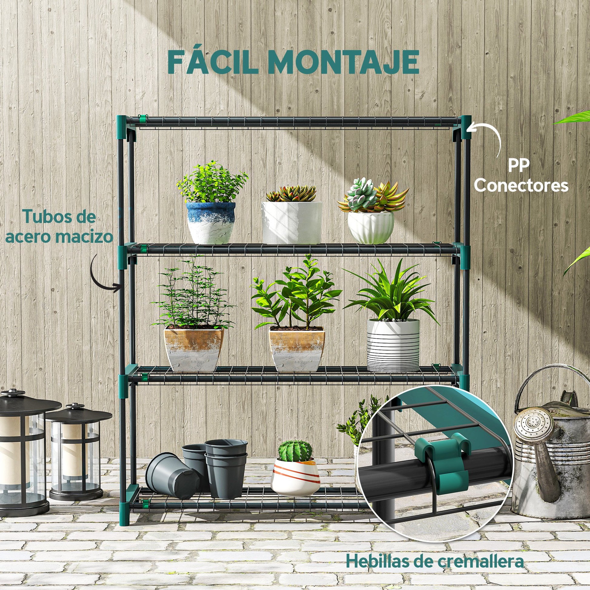 Outsunny Juego de 2 Soportes para Plantas de 4 Niveles para Interior y Exterior, Estanterías para Plantas de Acero con Conectores para Fácil Montaje, Estantes para Macetas, Jardín, Balcón, Verde