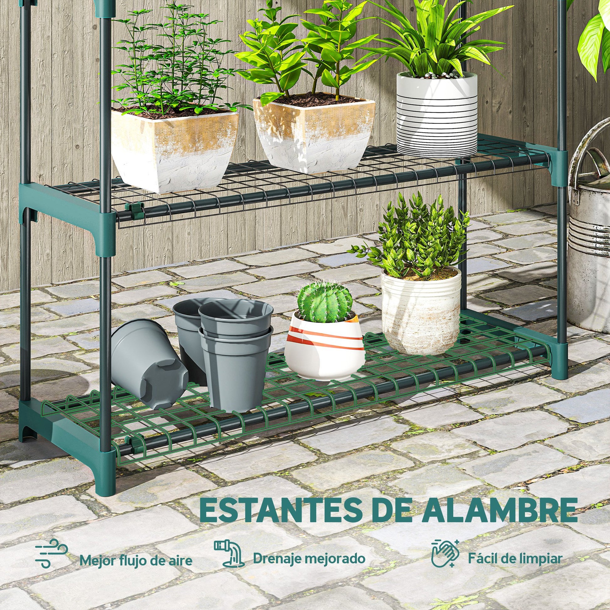 Outsunny Juego de 2 Soportes para Plantas de 4 Niveles para Interior y Exterior, Estanterías para Plantas de Acero con Conectores para Fácil Montaje, Estantes para Macetas, Jardín, Balcón, Verde