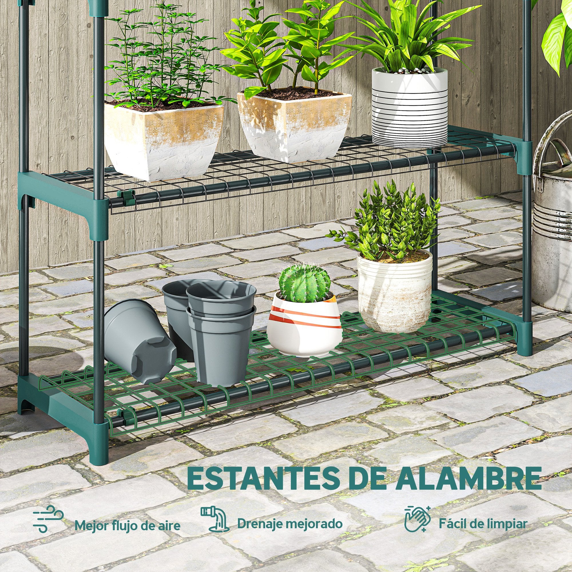 Outsunny Juego de 2 Soportes para Plantas de 4 Niveles para Interior y Exterior, Estanterías para Plantas de Acero con Conectores para Fácil Montaje, Estantes para Macetas, Jardín, Balcón, Verde