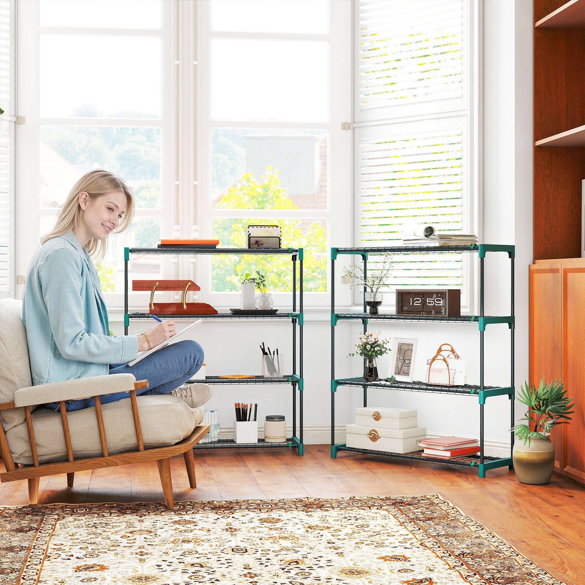 Outsunny Juego de 2 Soportes para Plantas de 4 Niveles para Interior y Exterior, Estanterías para Plantas de Acero con Conectores para Fácil Montaje, Estantes para Macetas, Jardín, Balcón, Verde