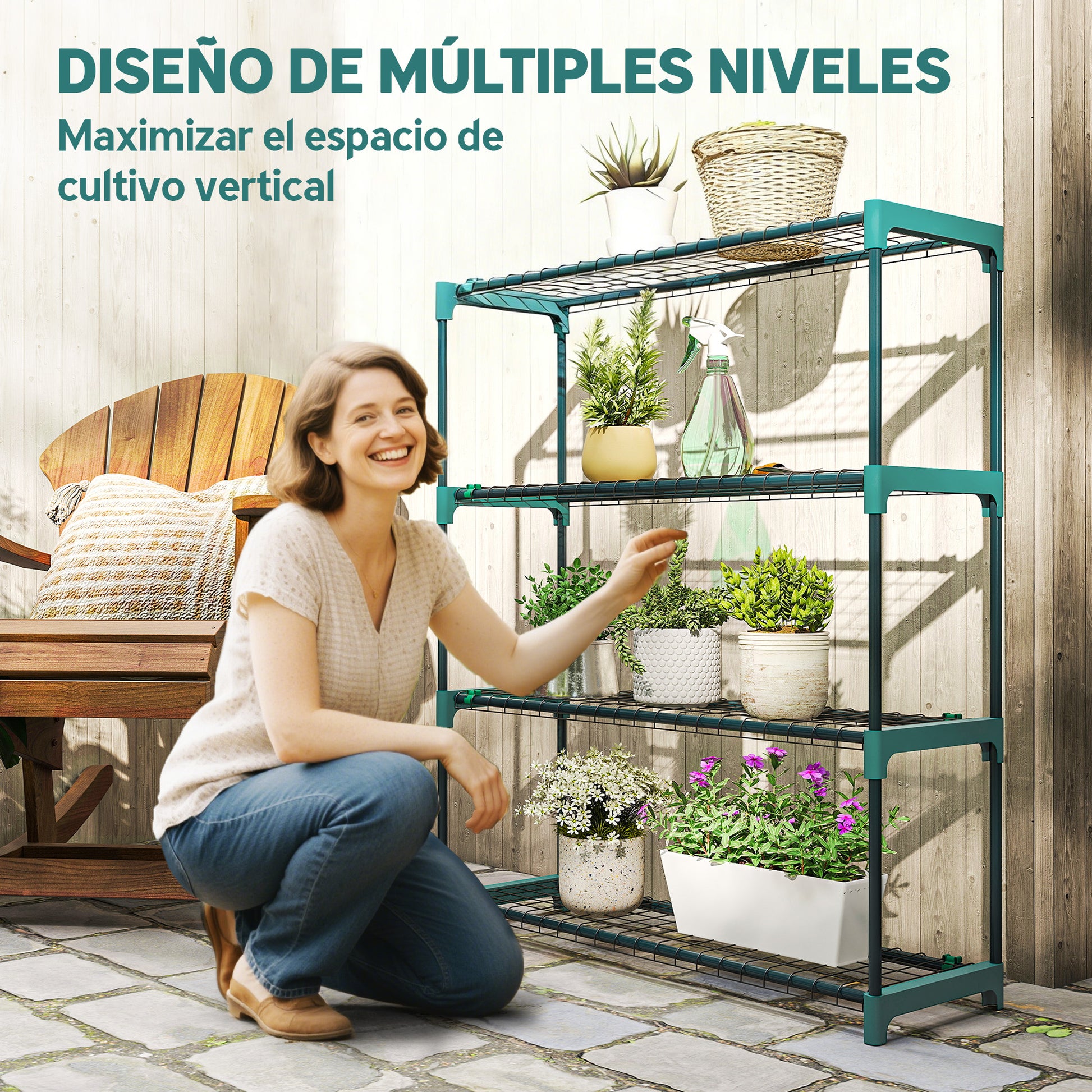 Outsunny Juego de 2 Soportes para Plantas de 4 Niveles para Interior y Exterior, Estanterías para Plantas de Acero con Conectores para Fácil Montaje, Estantes para Macetas, Jardín, Balcón, Verde