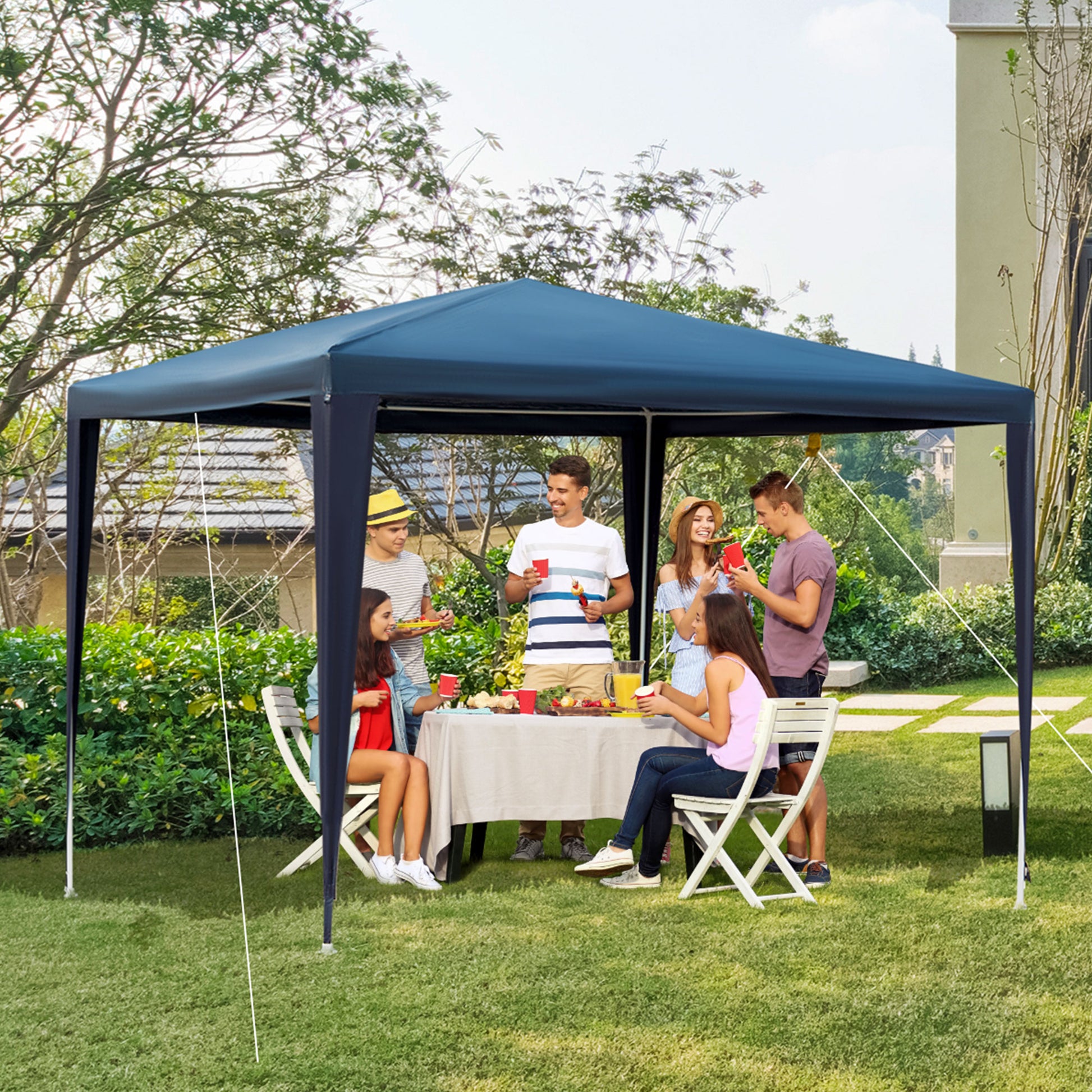 Outsunny Carpa Desmontable Impermeable 2,95x2,95x2,45m Pabellón de Jardín de Tubo de Acero Pérgola de Color Azul Oscuro