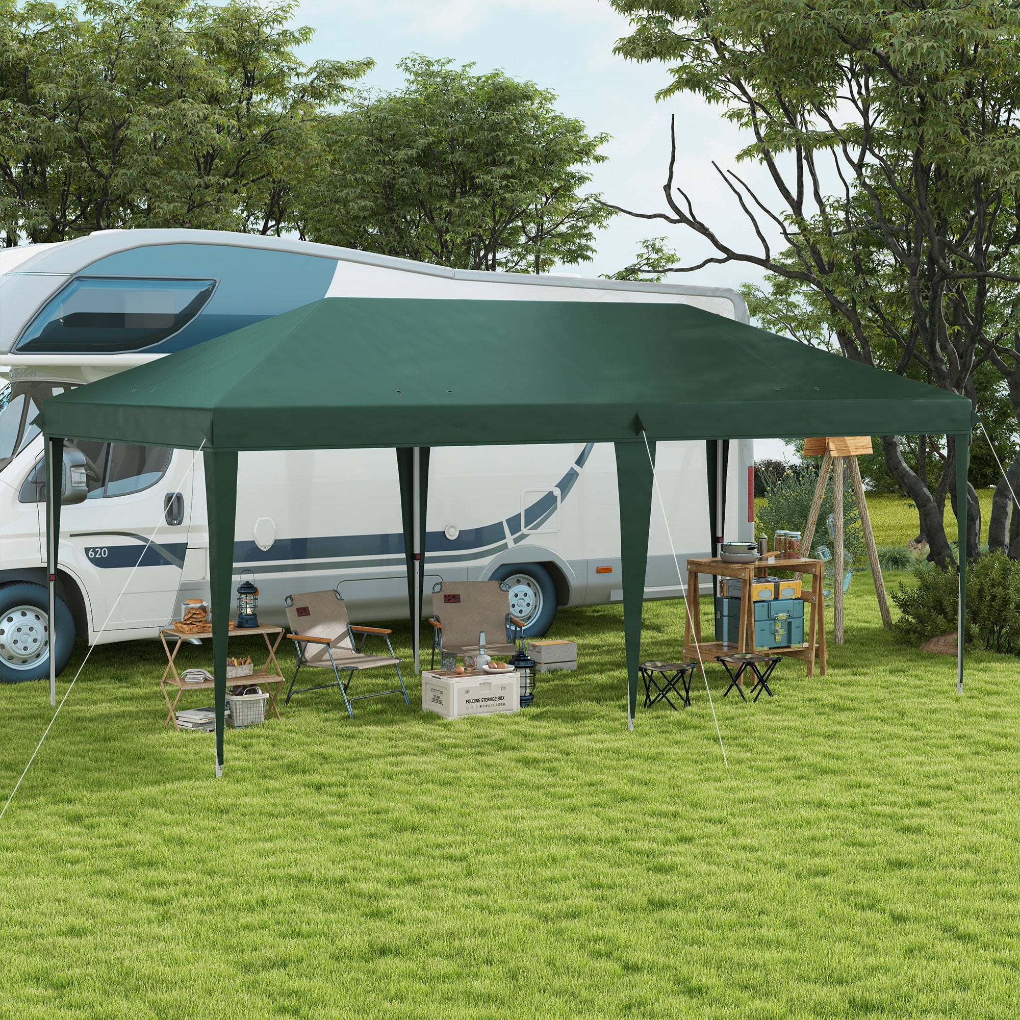 Outsunny Carpa Plegable Gazebo 6x3 m Cenador Plegable con Altura Ajustable en 3 Niveles Toldo Anti-UV y Bolsa de Transporte para Camping Fiestas Verde