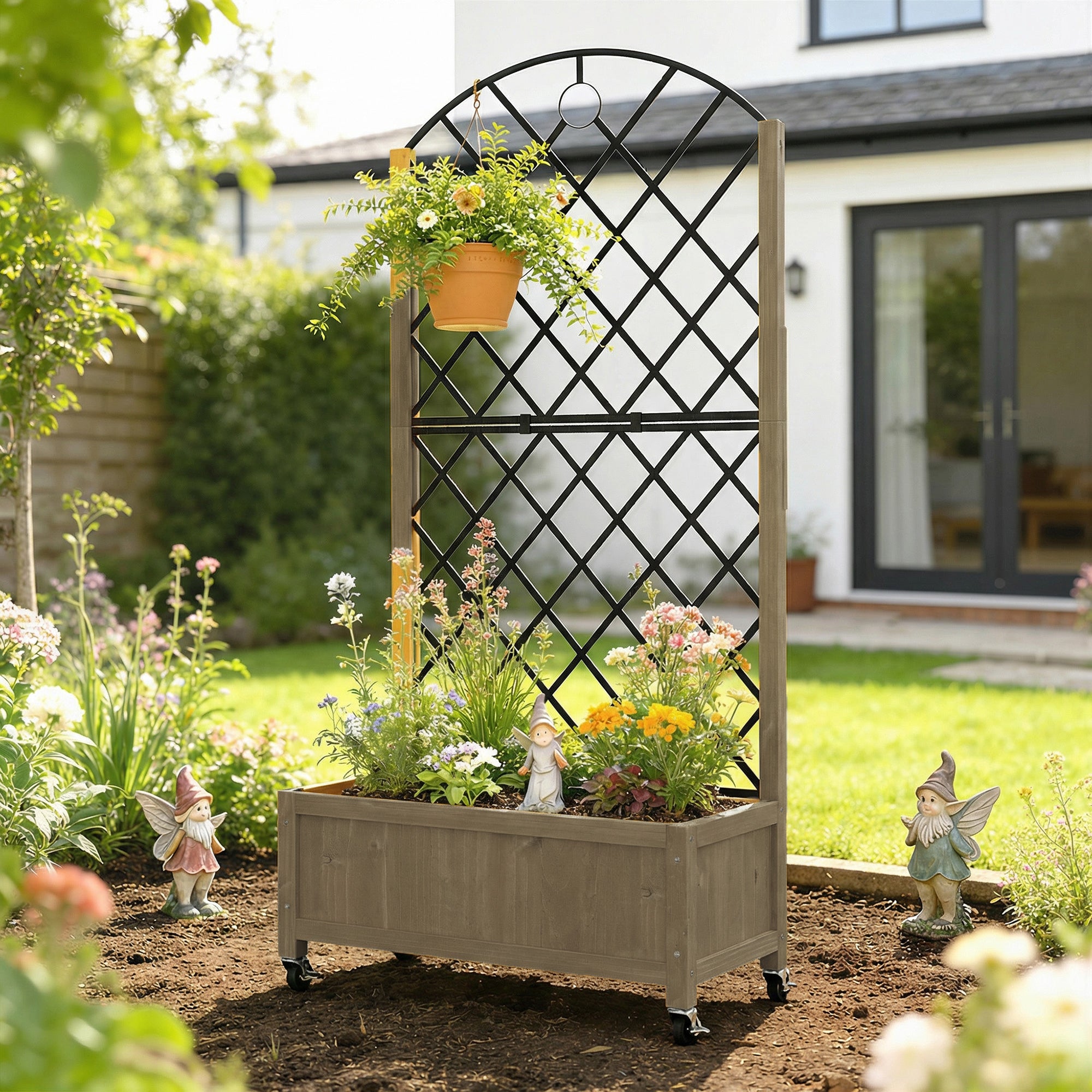 Outsunny Jardinera de Madera con Enrejado Metálico y Ruedas, Jardinera Exterior Grande para Plantas Trepadoras, Macetero Elevado para Patio, Terraza, 72x36x168 cm, Carbonizado