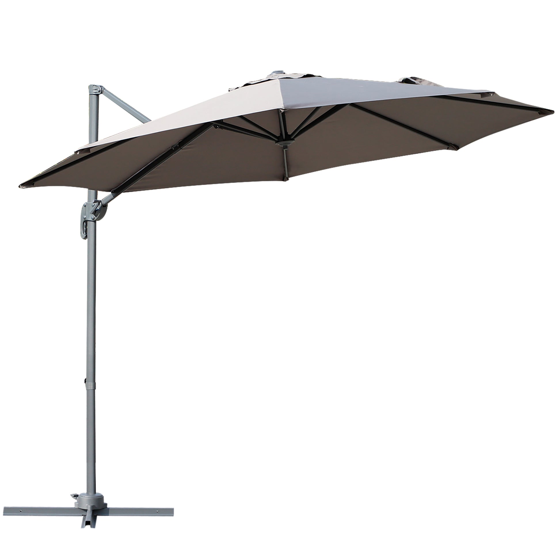 Outsunny Sombrilla de Aluminio Jardín Ø300x250 cm Parasol Excéntrico con Rotación 360° Inclinación de 6 Niveles con Manivela Ventilación y Base Cruzada para Patio Terraza Gris