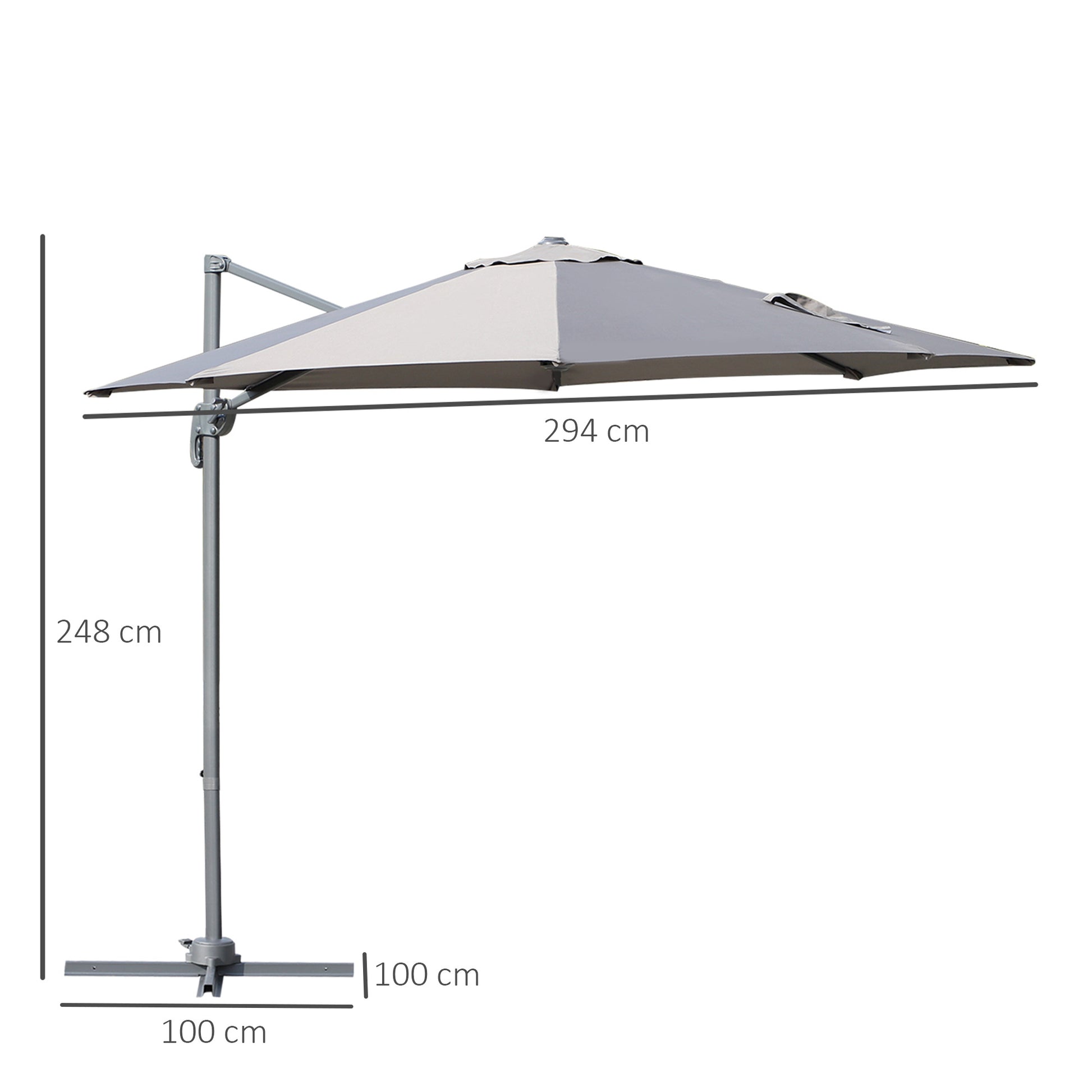 Outsunny Sombrilla de Aluminio Jardín Ø300x250 cm Parasol Excéntrico con Rotación 360° Inclinación de 6 Niveles con Manivela Ventilación y Base Cruzada para Patio Terraza Gris