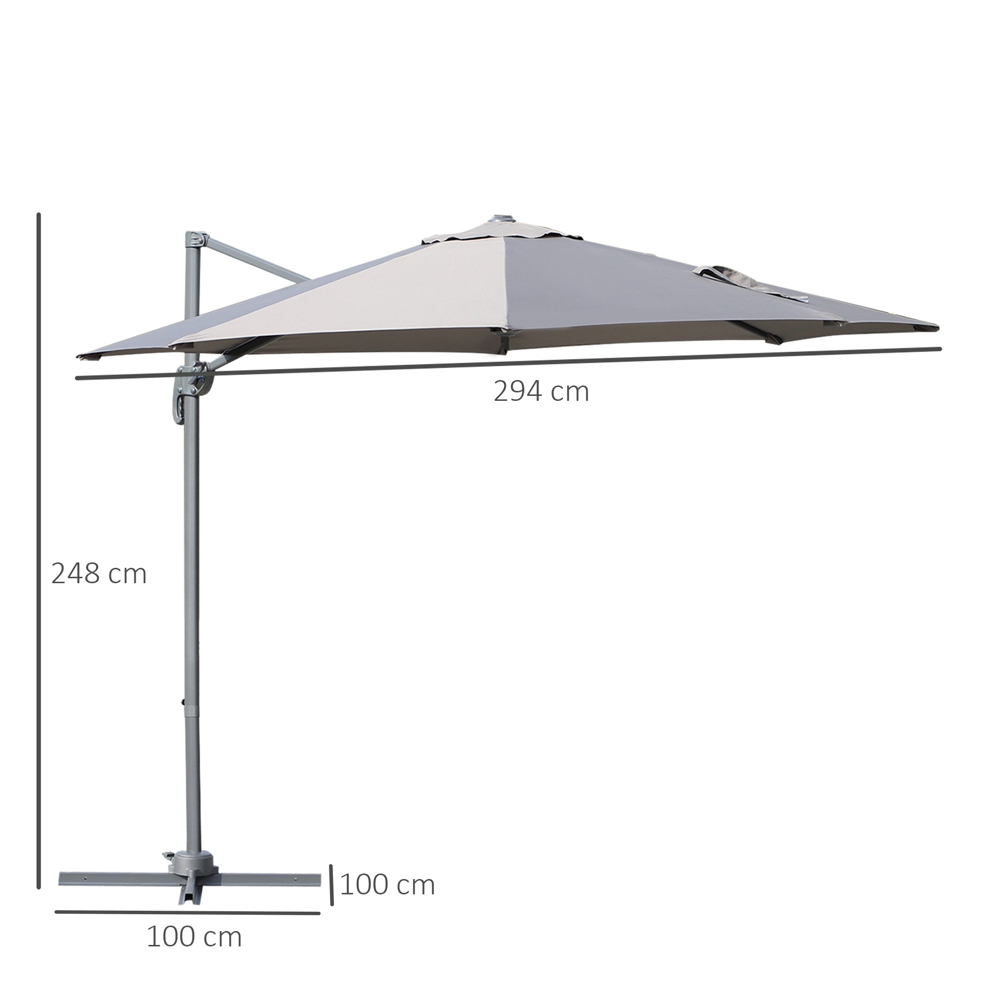 Outsunny Sombrilla de Aluminio Jardín Ø300x250 cm Parasol Excéntrico con Rotación 360° Inclinación de 6 Niveles con Manivela Ventilación y Base Cruzada para Patio Terraza Gris