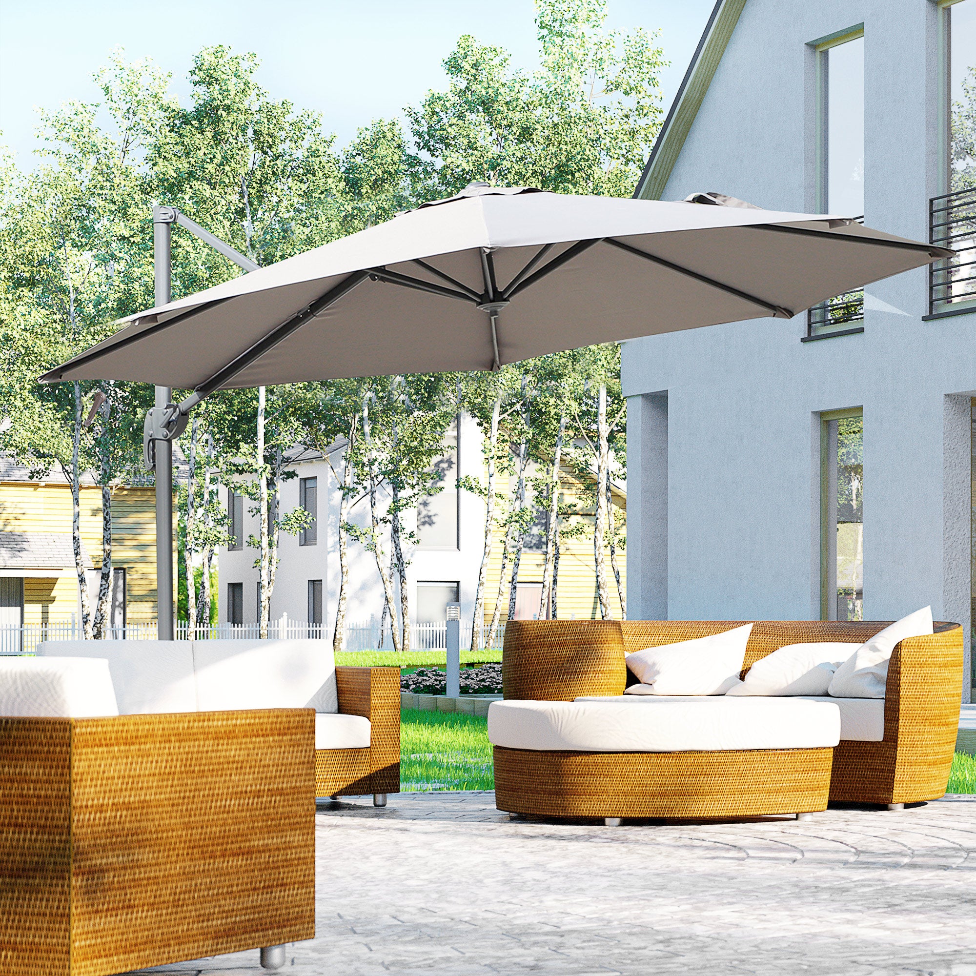 Outsunny Sombrilla de Aluminio Jardín Ø300x250 cm Parasol Excéntrico con Rotación 360° Inclinación de 6 Niveles con Manivela Ventilación y Base Cruzada para Patio Terraza Gris