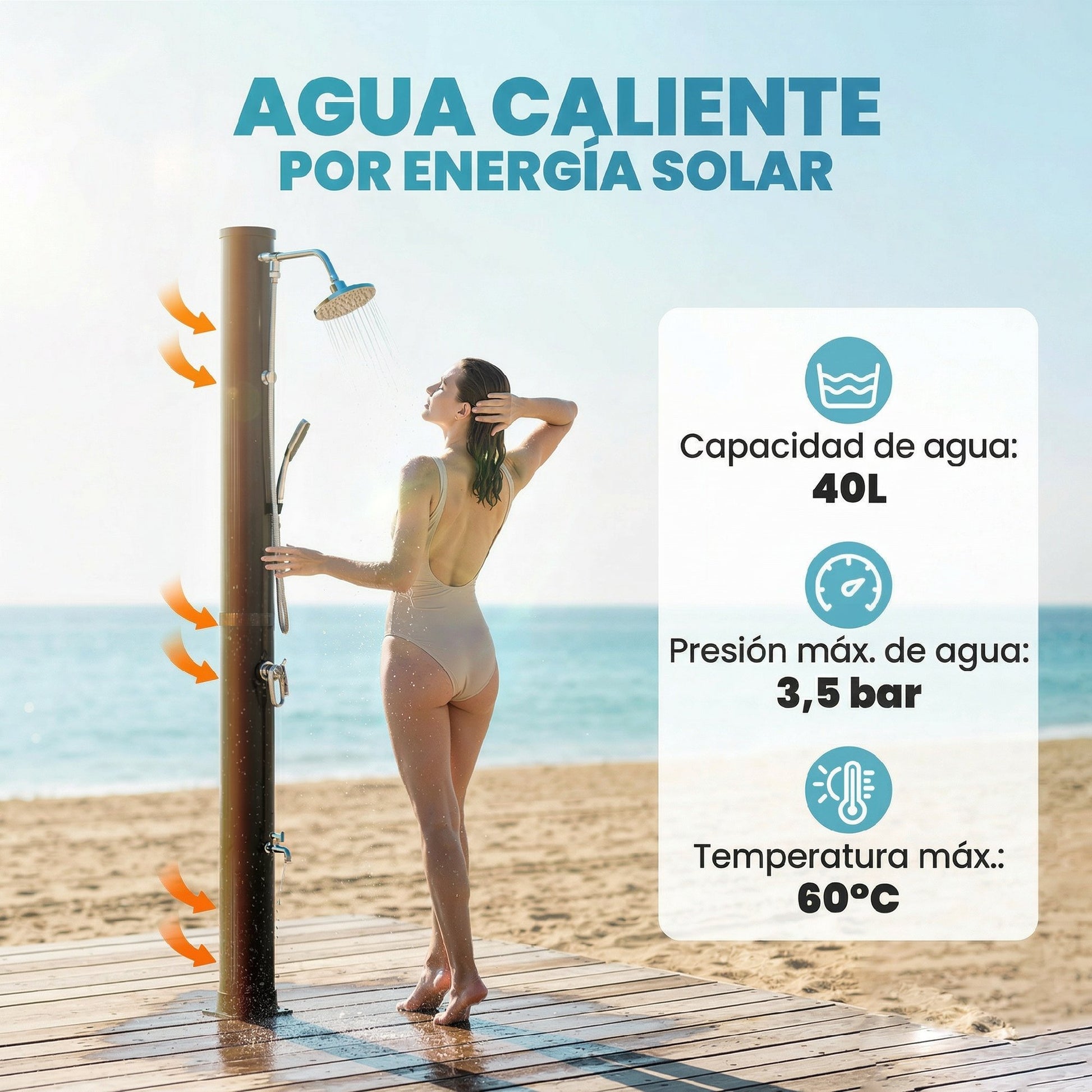 Outsunny Ducha Solar de Jardín 40L Ducha Solar Exterior con Cabezal Rociador de Mano Grifo de Pies Agua Fría y Caliente Máx. 60 °C Conexión Manguera para Piscina Camping Patio 19,5x19,5x218,5 cm Negro