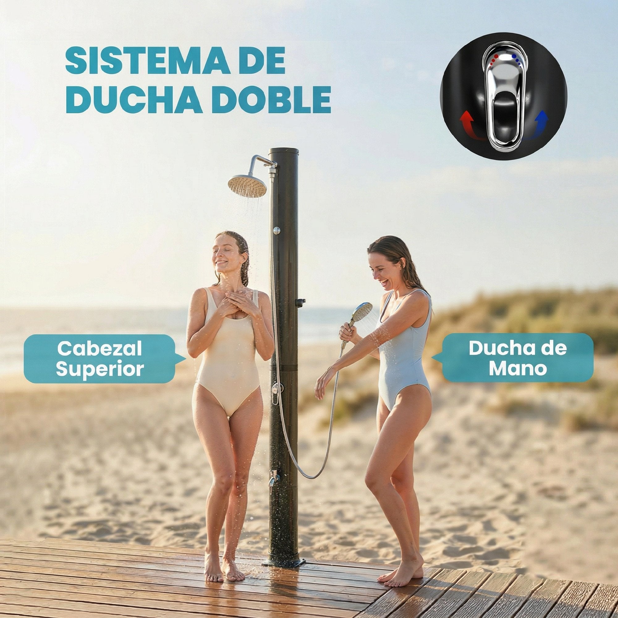 Outsunny Ducha Solar de Jardín 40L Ducha Solar Exterior con Cabezal Rociador de Mano Grifo de Pies Agua Fría y Caliente Máx. 60 °C Conexión Manguera para Piscina Camping Patio 19,5x19,5x218,5 cm Negro