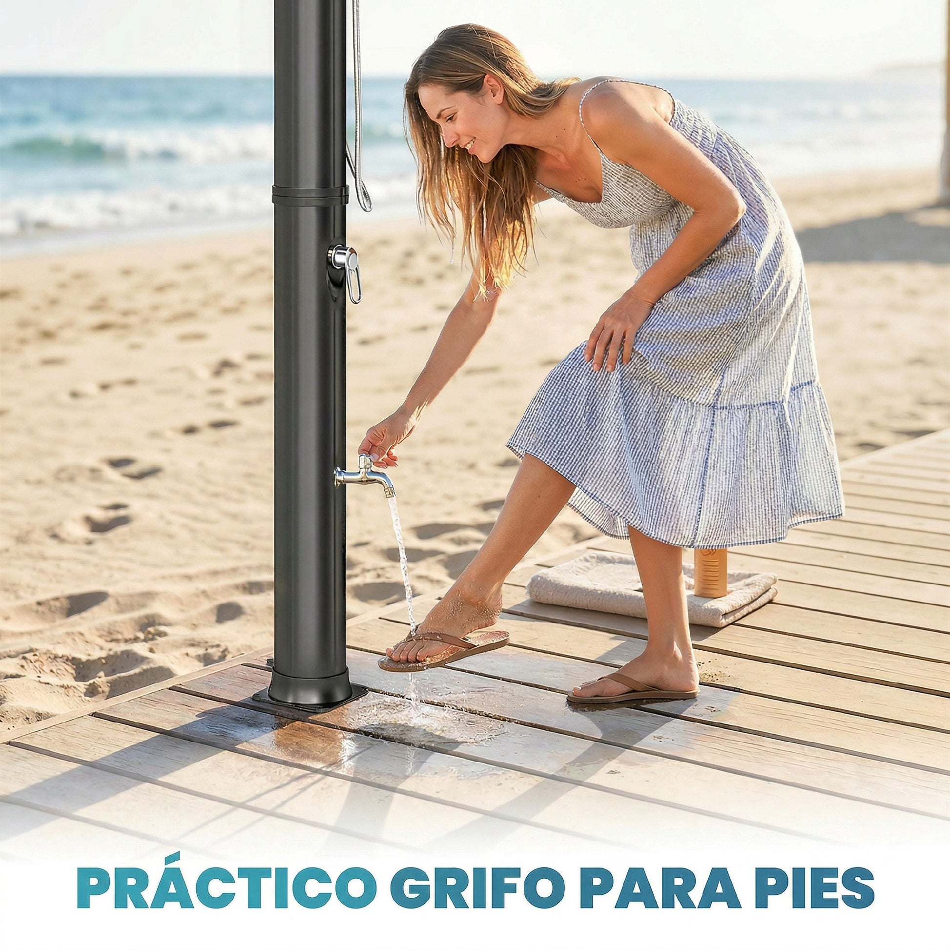 Outsunny Ducha Solar de Jardín 40L Ducha Solar Exterior con Cabezal Rociador de Mano Grifo de Pies Agua Fría y Caliente Máx. 60 °C Conexión Manguera para Piscina Camping Patio 19,5x19,5x218,5 cm Negro