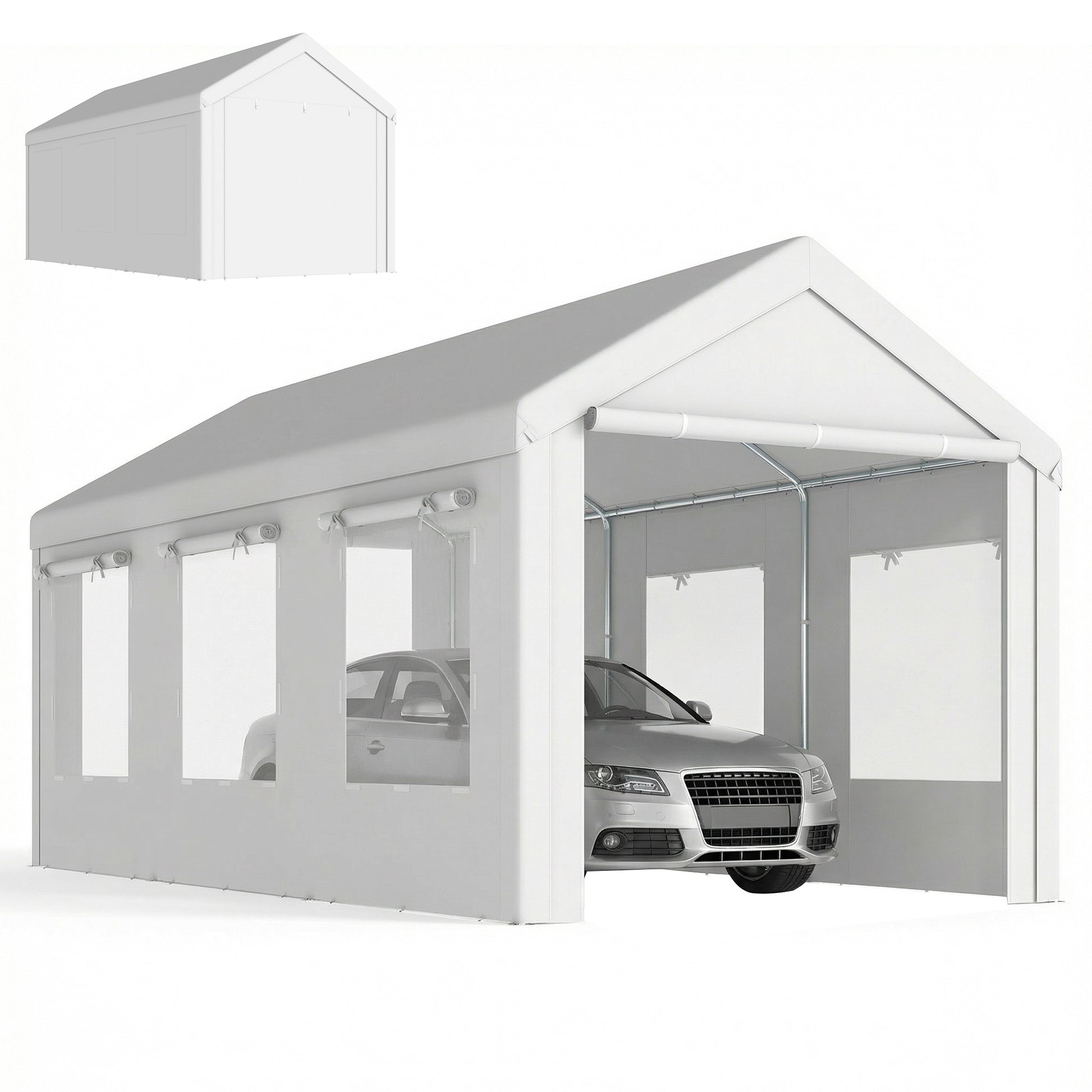 Outsunny Carpa Garaje Portátil 3x6 m Garaje Exterior para Coche Impermeable con 2 Puertas Enrollables y 6 Ventanas Malla Altura Ajustable Marco Acero Galvanizado UPF30+ Cobertizo de Almacenaje Blanco
