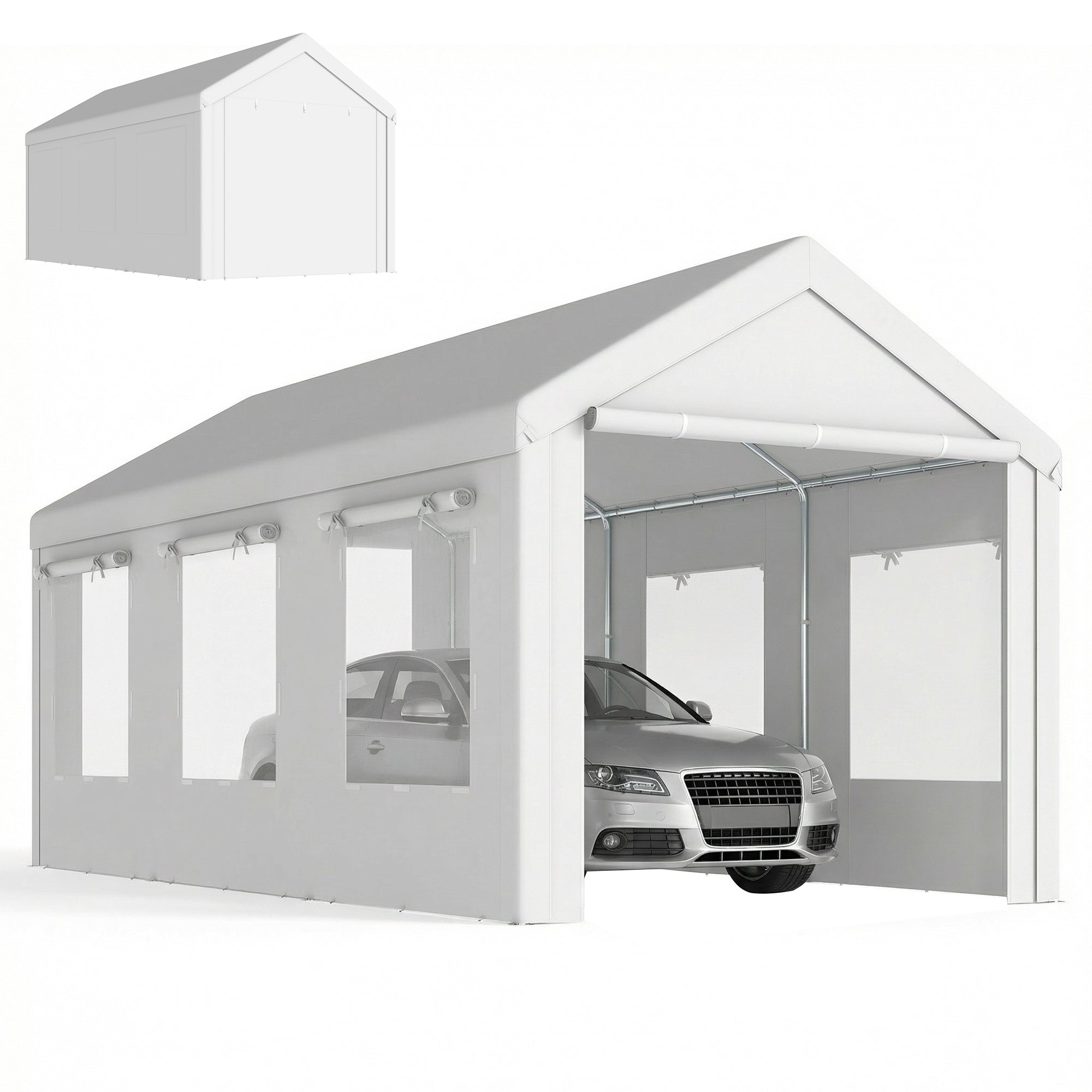 Outsunny Carpa Garaje Portátil 3x6 m Garaje Exterior para Coche Impermeable con 2 Puertas Enrollables y 6 Ventanas Malla Altura Ajustable Marco Acero Galvanizado UPF30+ Cobertizo de Almacenaje Blanco