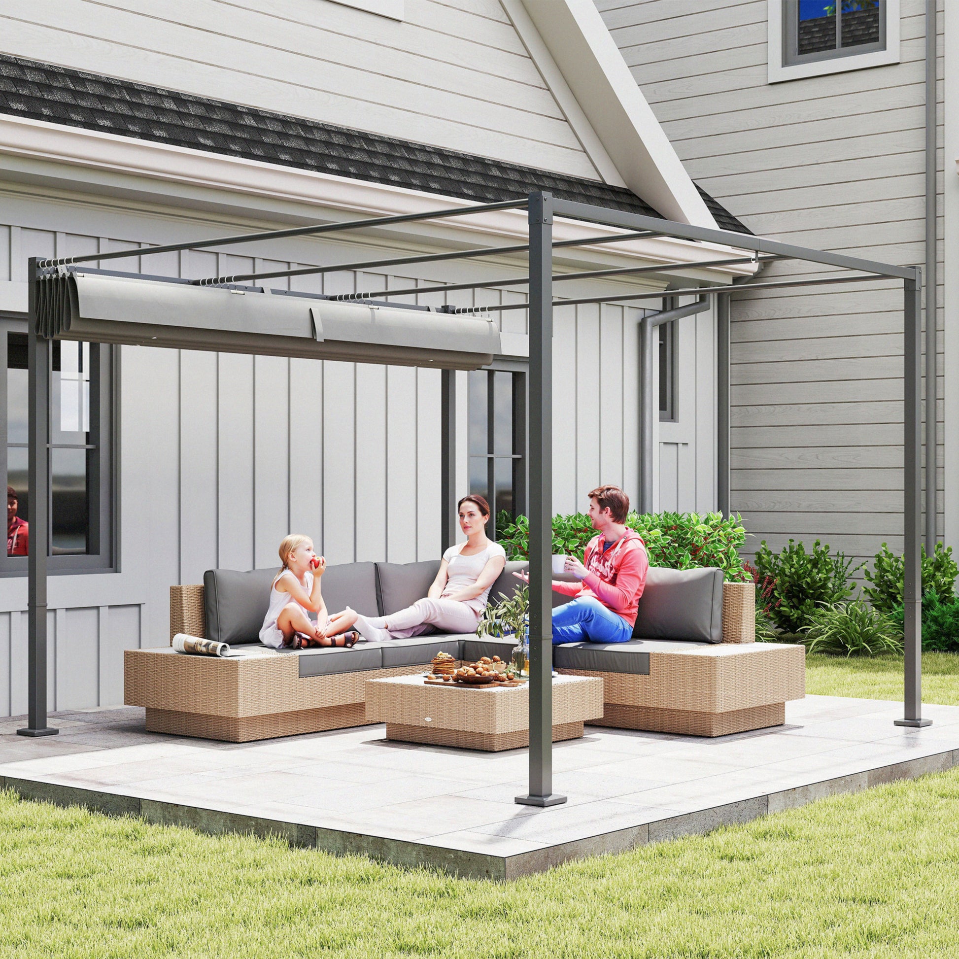 Outsunny Pérgola con Techo Retráctil Pérgola de 3x3 m Cenador de Pared o Independiente con Cierre Magnético Protección UV30+ Pabellón para Jardín Patio Terraza Exterior Gris