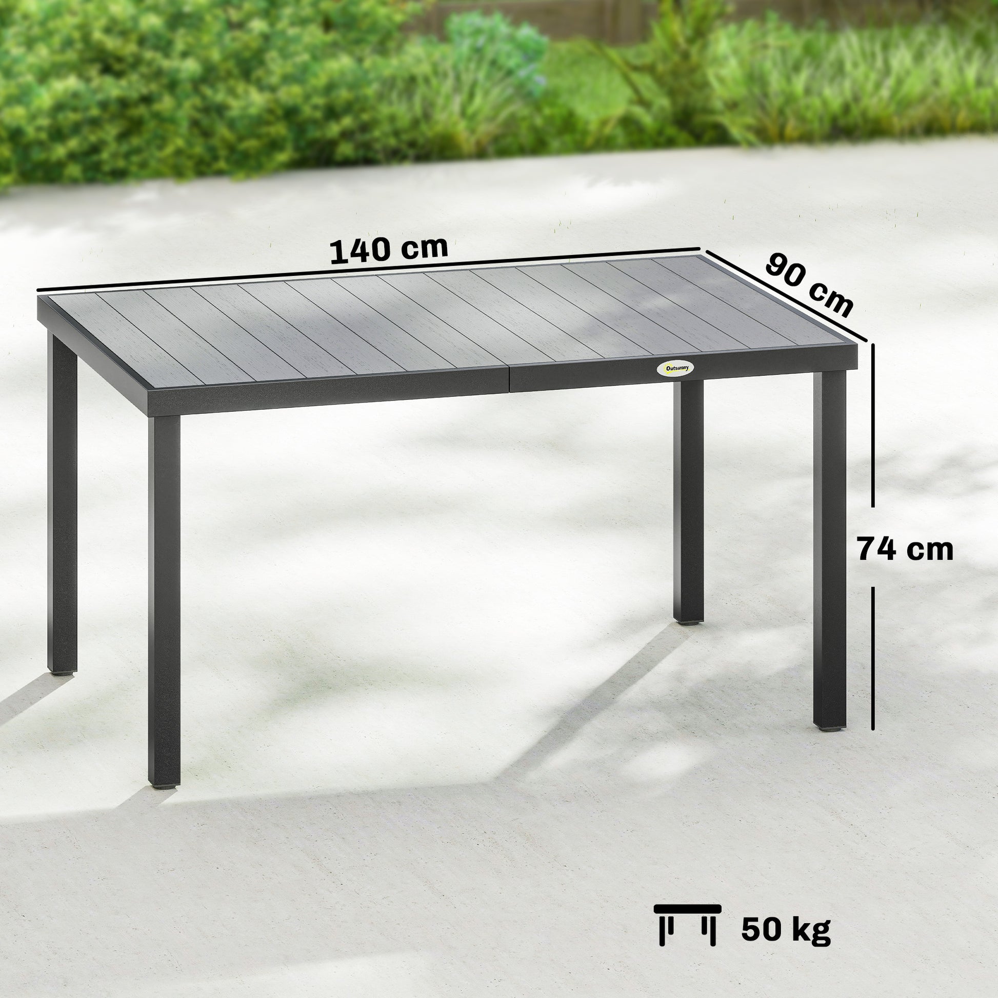 Outsunny Mesa de Comedor de Jardín Rectangular, Mesa de Terraza Exterior 140x90x74 cm, con Estructura de Acero y Encimera Desmontable de WPC de Listones, Carga 50 kg, para Patio, Balcón, Gris