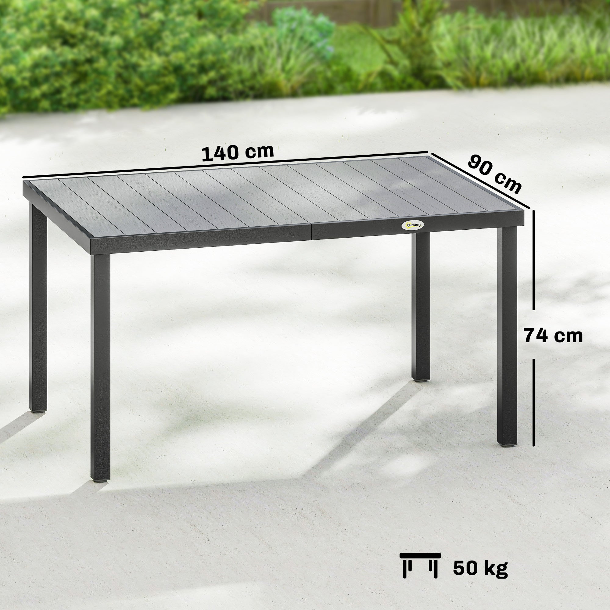 Outsunny Mesa de Comedor de Jardín Rectangular, Mesa de Terraza Exterior 140x90x74 cm, con Estructura de Acero y Encimera Desmontable de WPC de Listones, Carga 50 kg, para Patio, Balcón, Gris