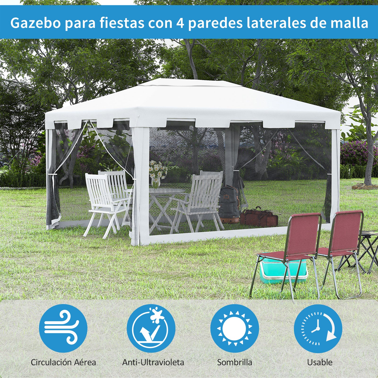 Outsunny Carpa de Jardín 4x3 m Cenador de Exterior con Mosquiteras Laterales Doble Techo y Puertas con Cremallera Anti-UV para Terraza Patio Playa Blanco y Negro